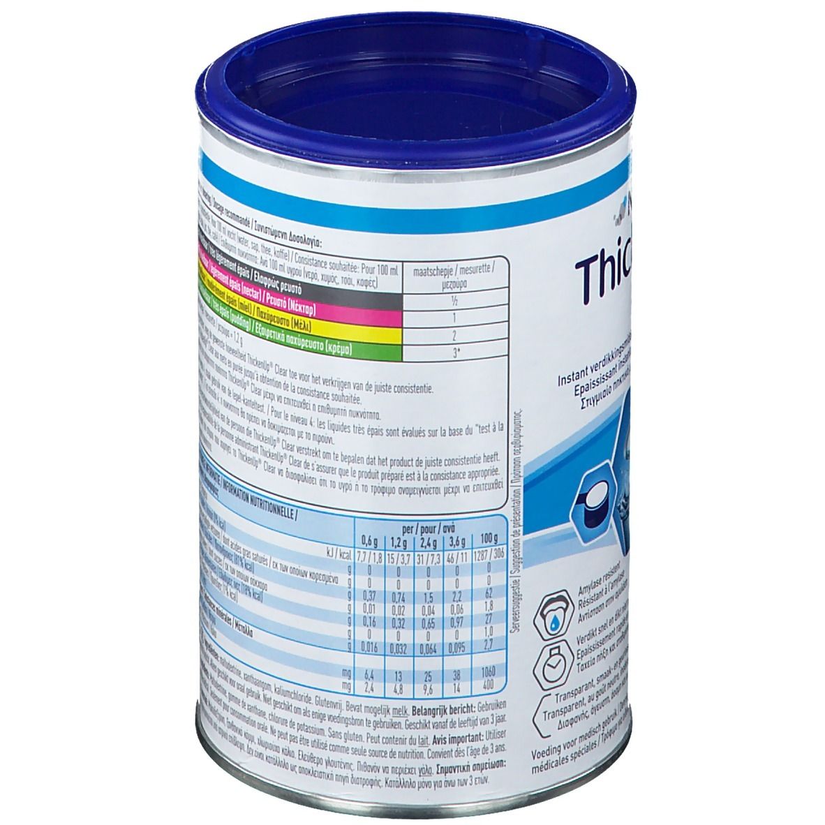 Achterkant van de bus ThickenUP Clear. Tekst in meerdere talen. Voedingswaarde. Blauwe deksel. Inhoud: 125g.
