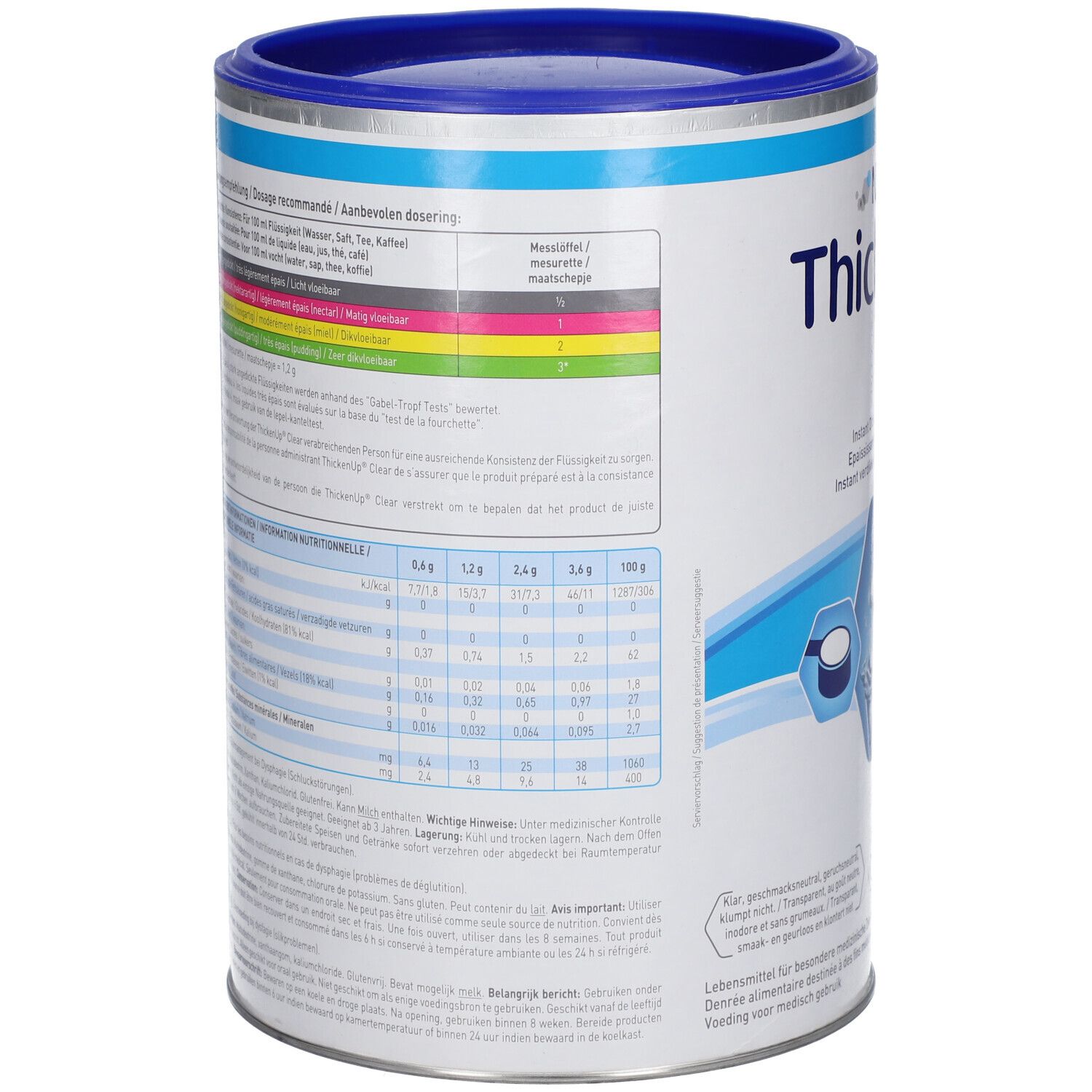 Blik ThickenUP Clear. Achterkant met doseringsaanbevelingen en voedingswaarde-informatie. Nestle Health Science.