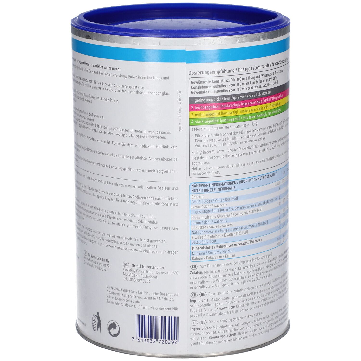 Blik ThickenUP Clear. Achterkant met doseringsaanbevelingen en voedingswaarde-informatie. Nestle Health Science.