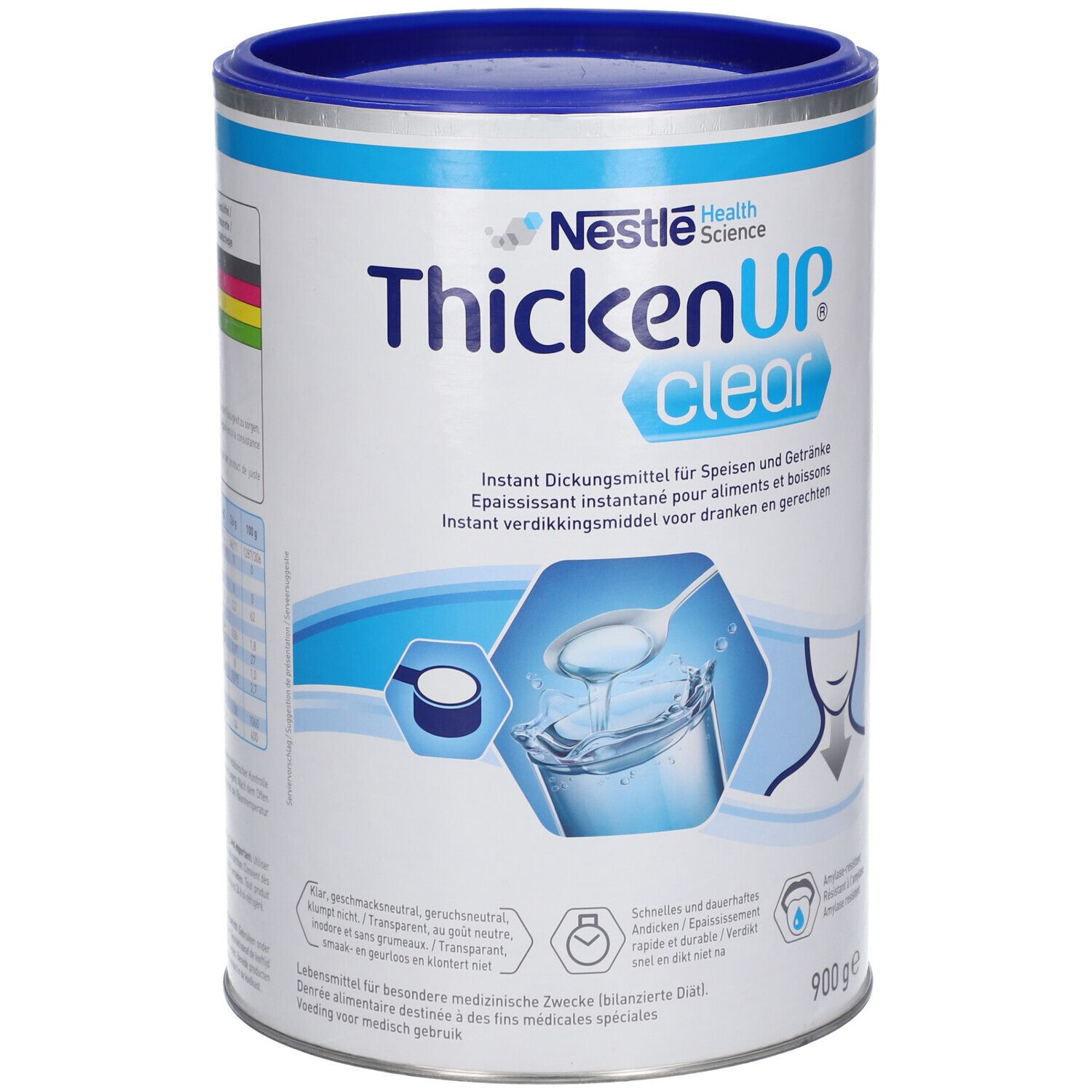 Blik ThickenUP Clear. Direct verdikkingsmiddel voor eten en drinken. 900g. Nestle Health Science.