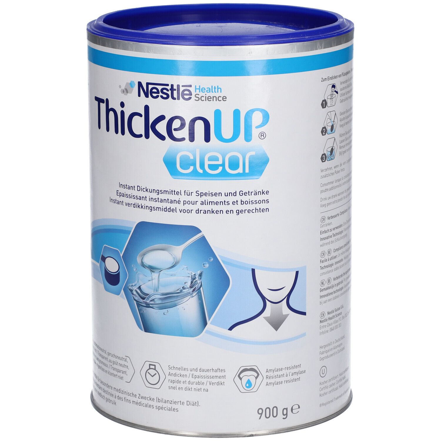 Blik ThickenUP Clear. Direct verdikkingsmiddel voor eten en drinken. 900g. Nestle Health Science.