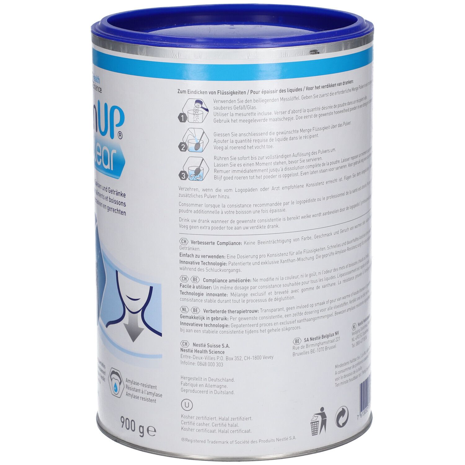 Blik ThickenUP Clear. Achterkant met instructies en informatie. 900g. Nestle Health Science.