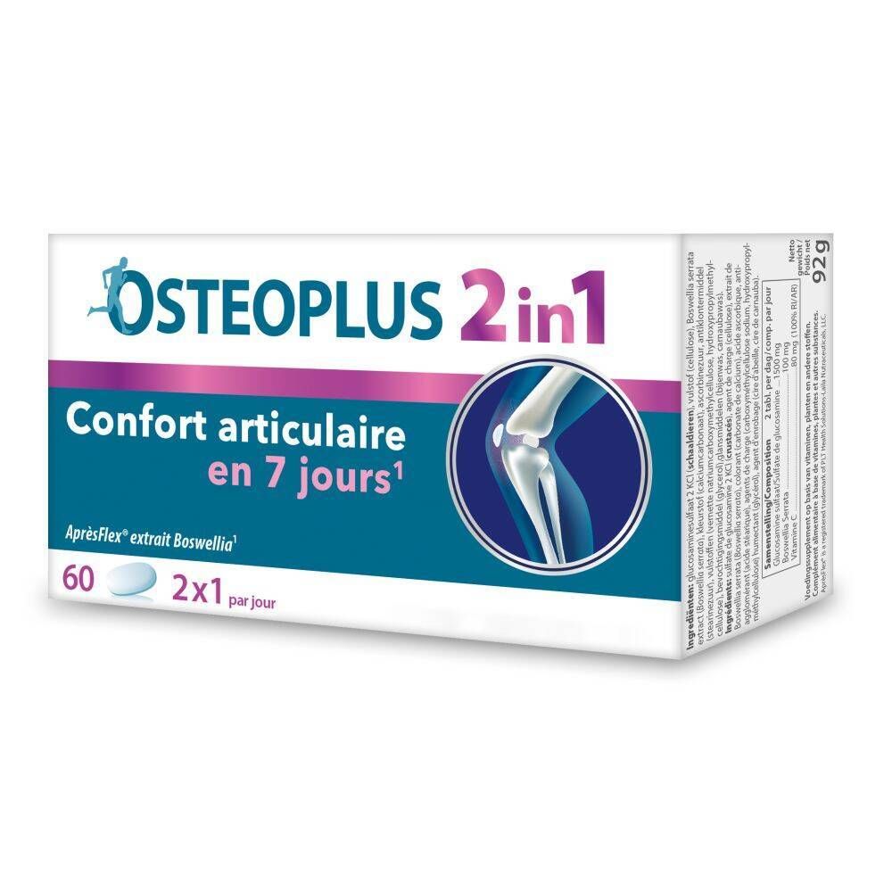 Boîte Osteoplus 2 en 1. Carton blanc avec nom du produit et illustration d'une articulation. Contient 60 comprimés.