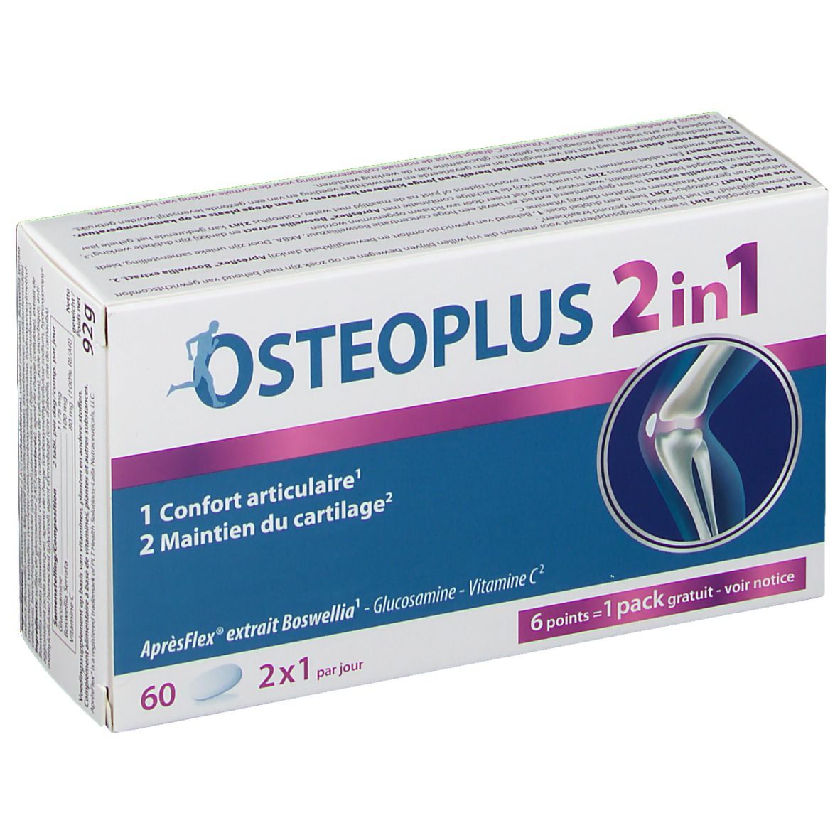 Boîte Osteoplus 2 en 1. Carton blanc avec nom du produit et illustration d'une articulation. Contient 60 comprimés.