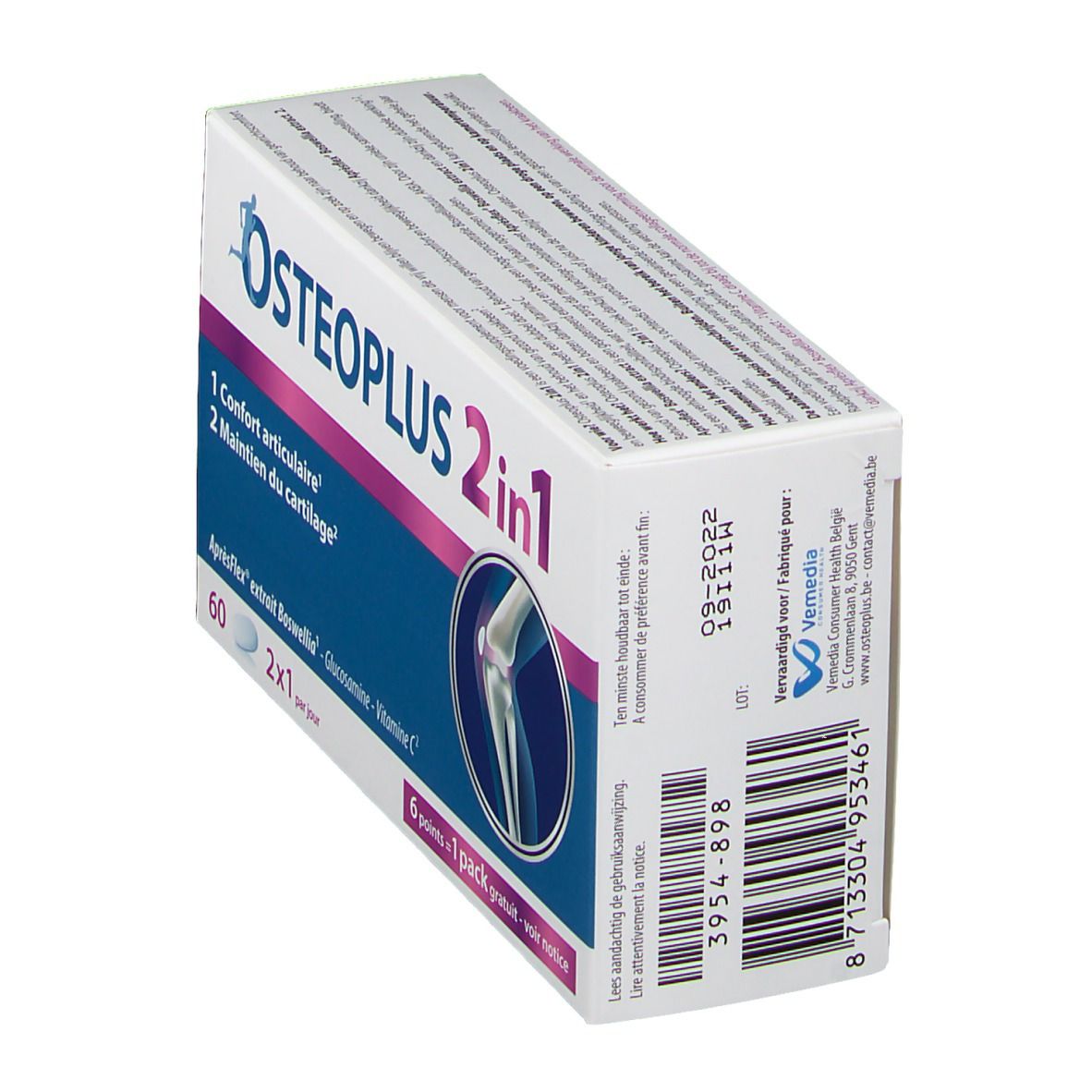 Boîte Osteoplus 2 en 1. Carton blanc avec nom du produit et illustration d'une articulation. Contient 60 comprimés.