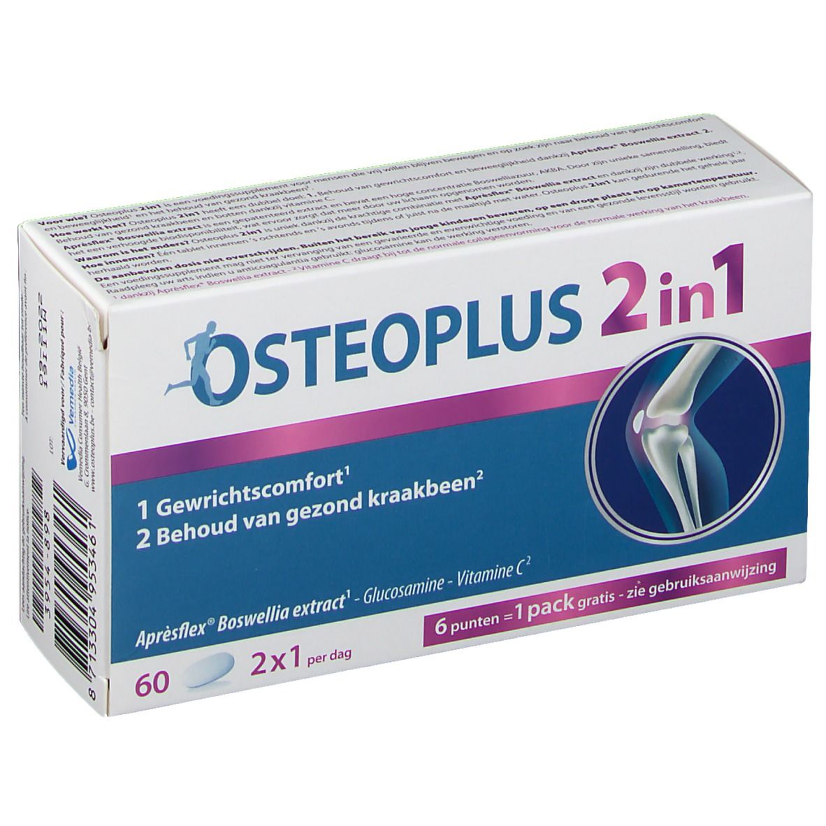 Boîte Osteoplus 2 en 1. Carton blanc avec nom du produit et illustration d'une articulation. Contient 60 comprimés.