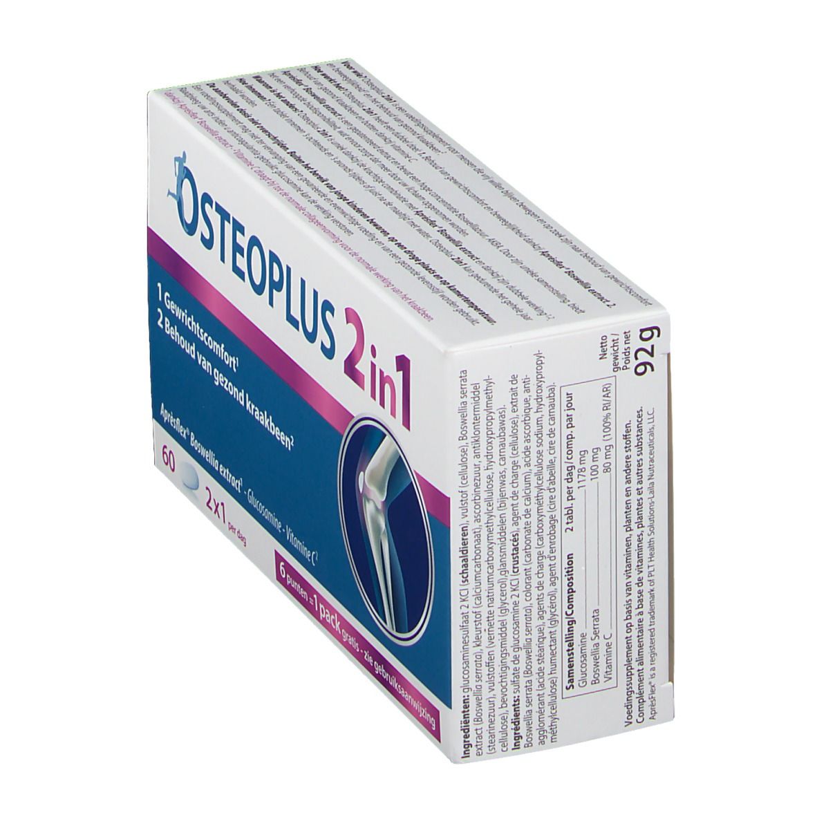Boîte Osteoplus 2 en 1. Carton blanc avec nom du produit et illustration d'une articulation. Contient 60 comprimés.