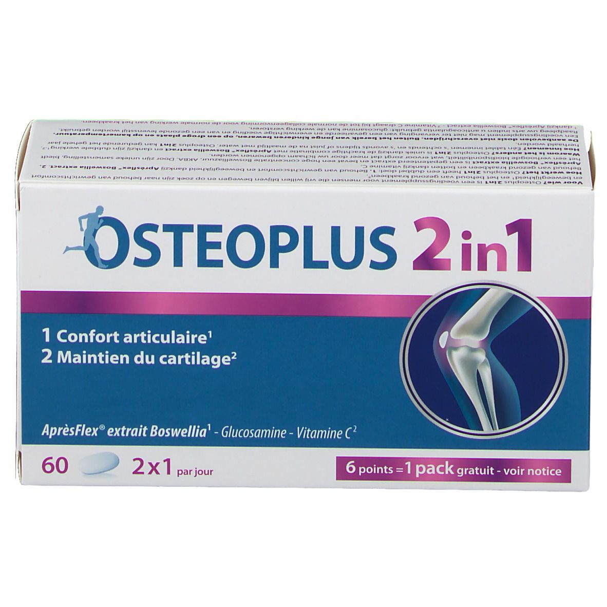Boîte Osteoplus 2 en 1. Carton blanc avec nom du produit et illustration d'une articulation. Contient 60 comprimés.