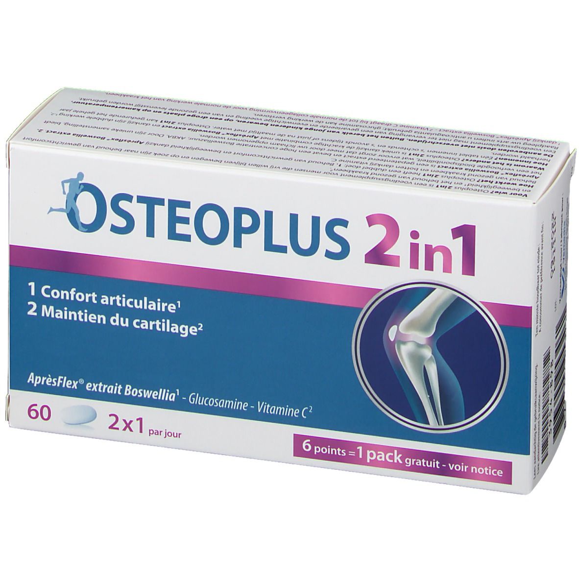 Boîte Osteoplus 2 en 1. Carton blanc avec nom du produit et illustration d'une articulation. Contient 60 comprimés.