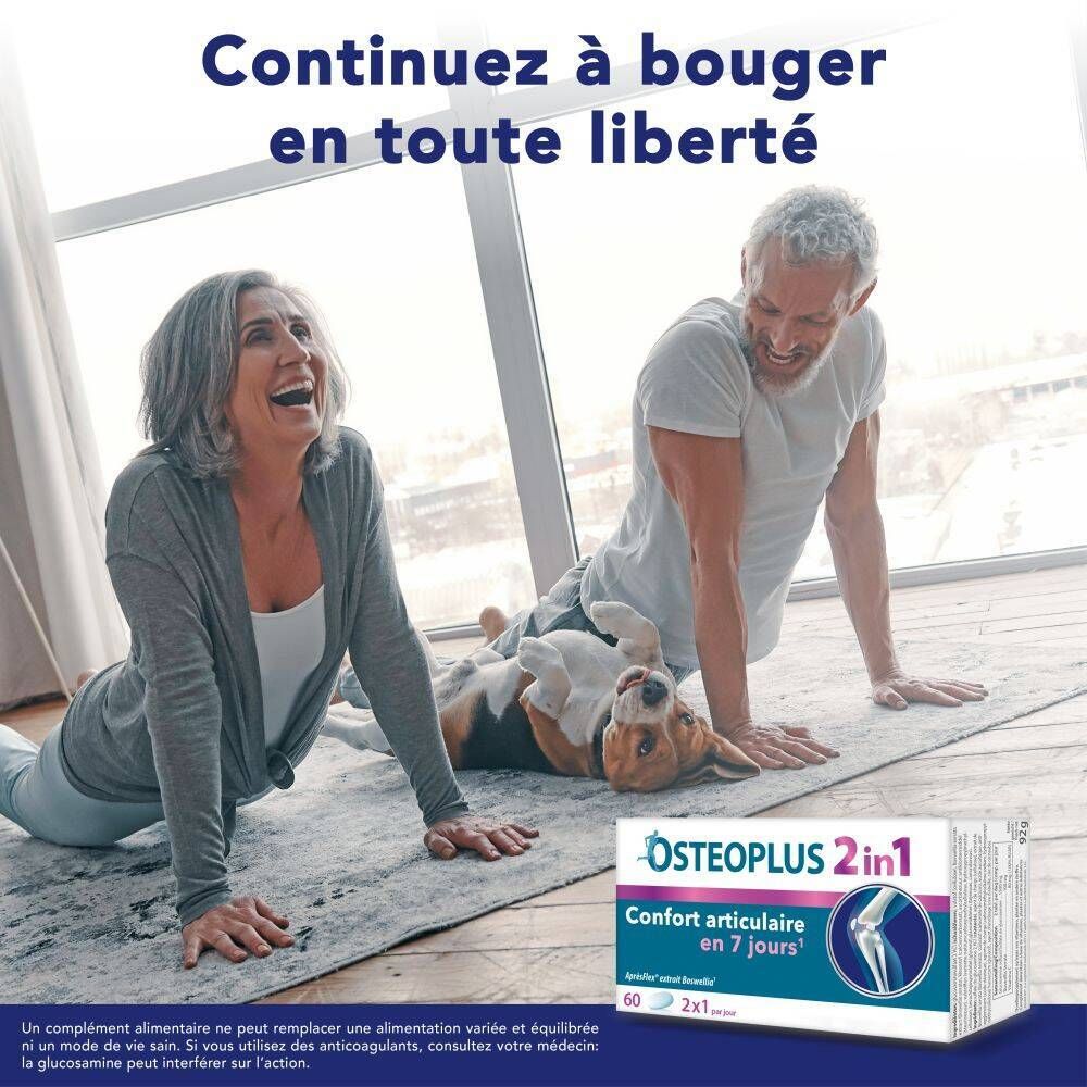 Boîte Osteoplus 2 en 1. Carton blanc avec nom du produit et illustration d'une articulation. Contient 60 comprimés.