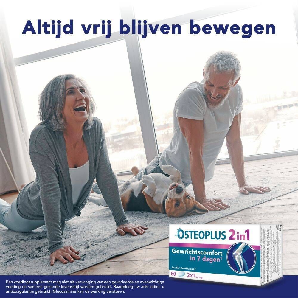 Osteoplus 2 in 1-verpakking. Witte doos met productnaam en illustratie van een gewricht. Bevat 60 tabletten.