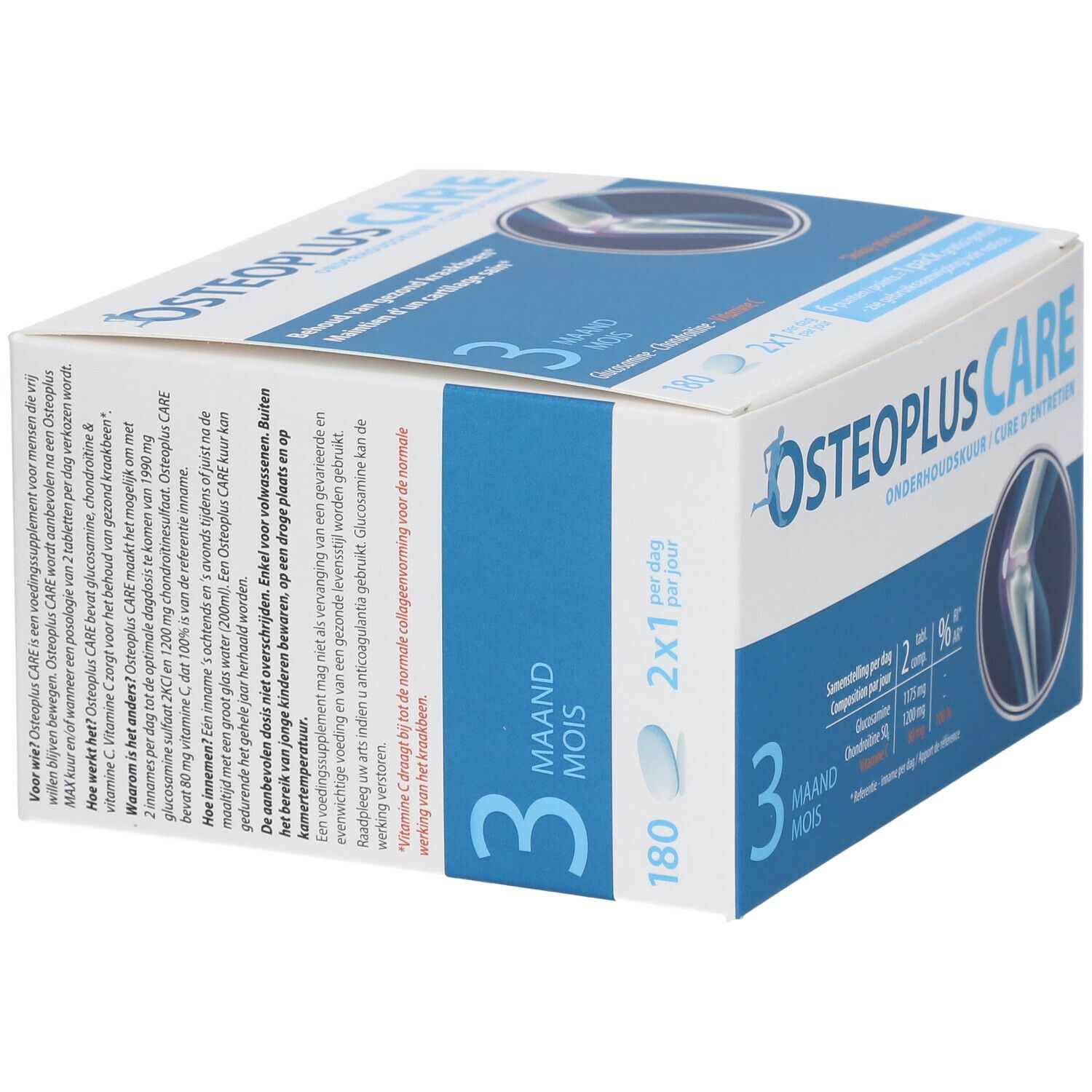 OSTEOPLUS CARE-verpakking. Blauwe en witte doos met productinformatie en tekst.