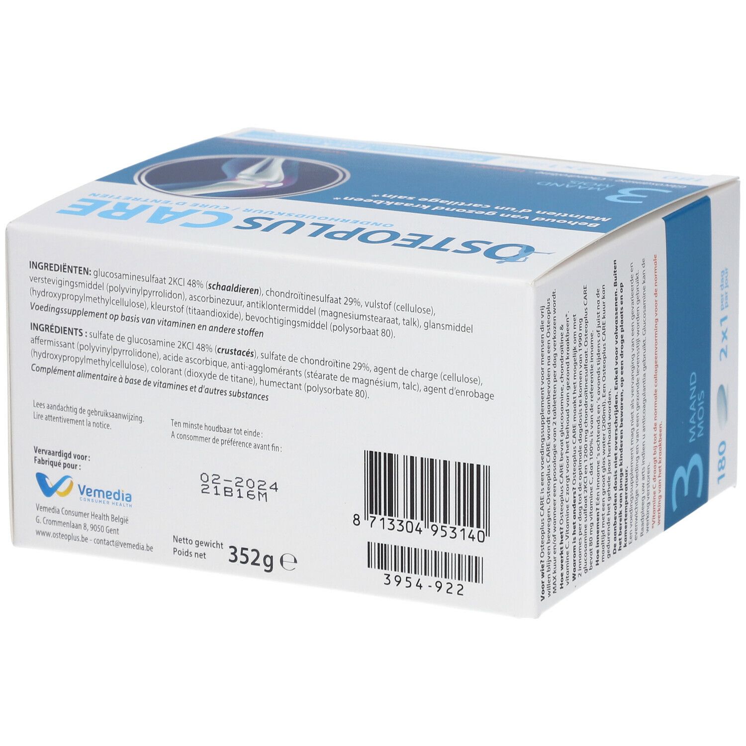 Achterkant van de OSTEOPLUS CARE-verpakking. Bevat ingrediënten, gewicht en fabrikantinfo.