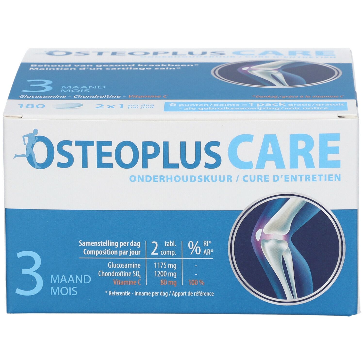 OSTEOPLUS CARE-verpakking. Blauwe en witte doos met productinformatie en afbeelding van een knie.