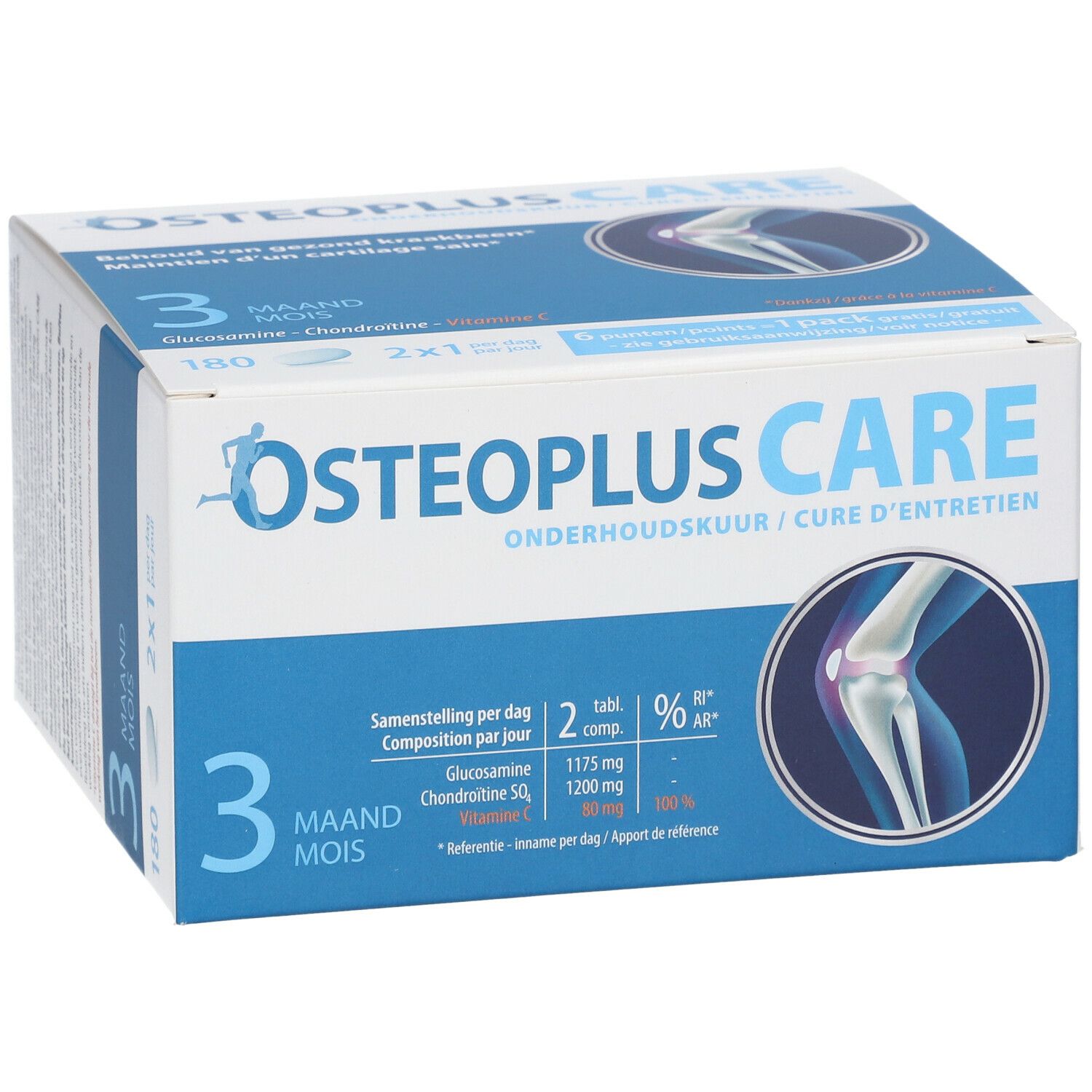 OSTEOPLUS CARE-verpakking. Blauwe en witte doos met productinformatie.
