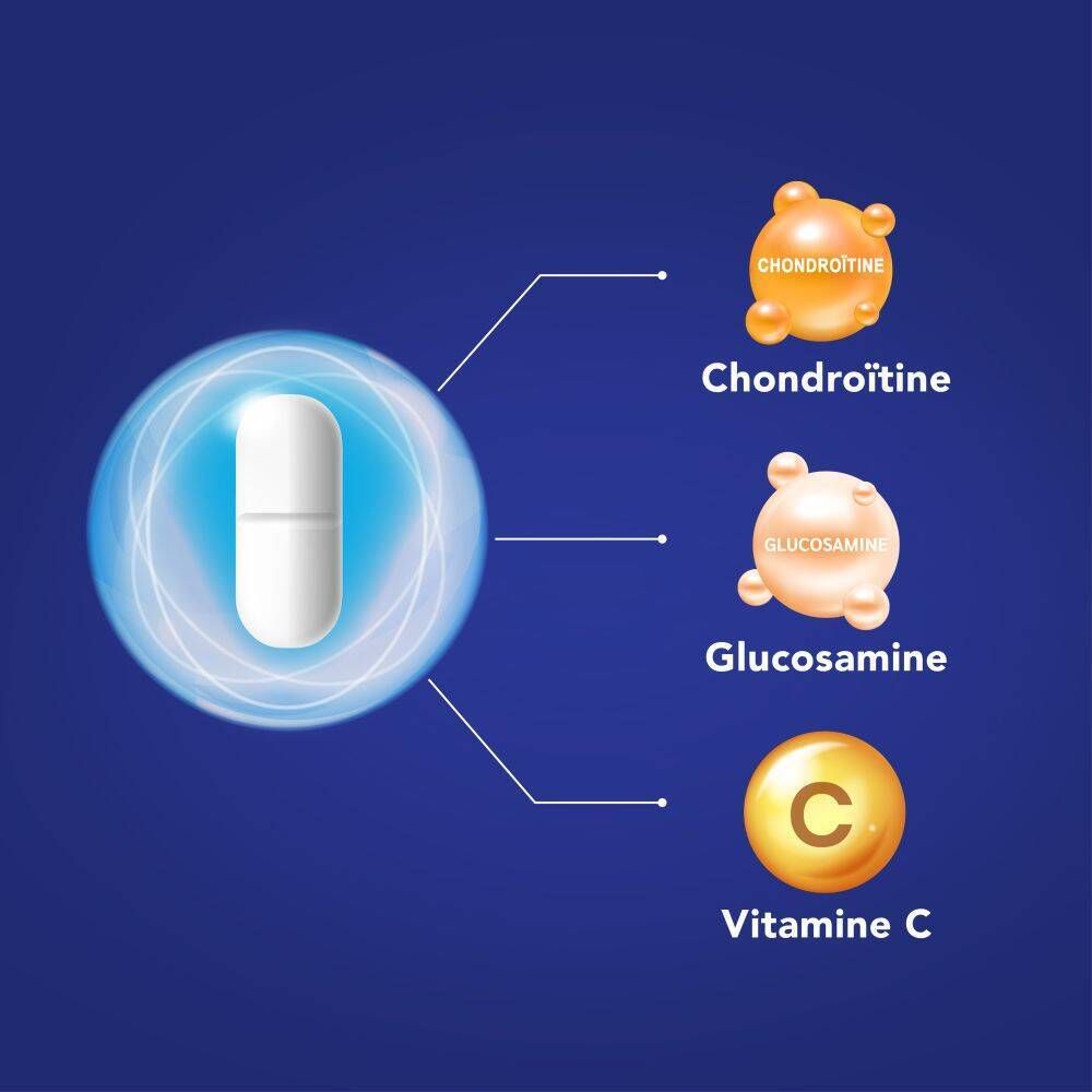 Illustratie van tabletten en ingrediënten. Blauwe achtergrond met tekst.