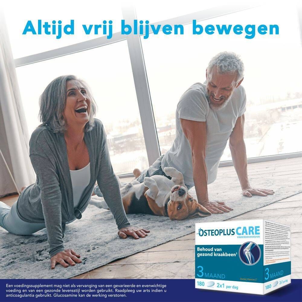 Koppel aan het sporten. OSTEOPLUS CARE-verpakking. Tekst: 'Altijd vrij blijven bewegen'.