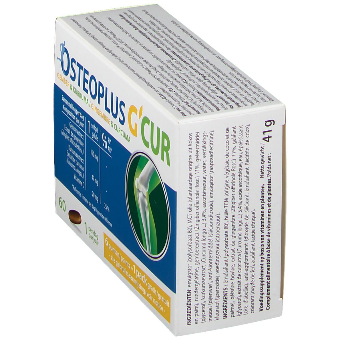 Emballage du produit avec ingrédients et informations nutritionnelles. Une gélule à côté. Fond blanc.