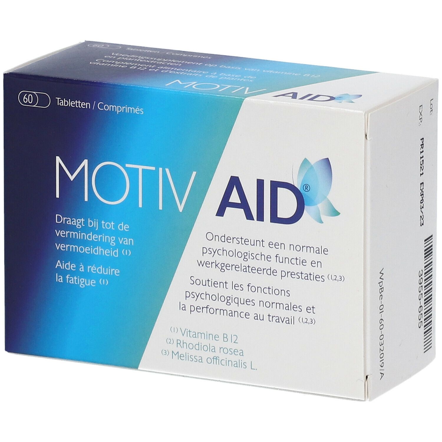 Boîte de Motiv Aid. Emballage bleu et blanc. Contient 60 comprimés. Texte : Motiv Aid, aide à réduire la fatigue.