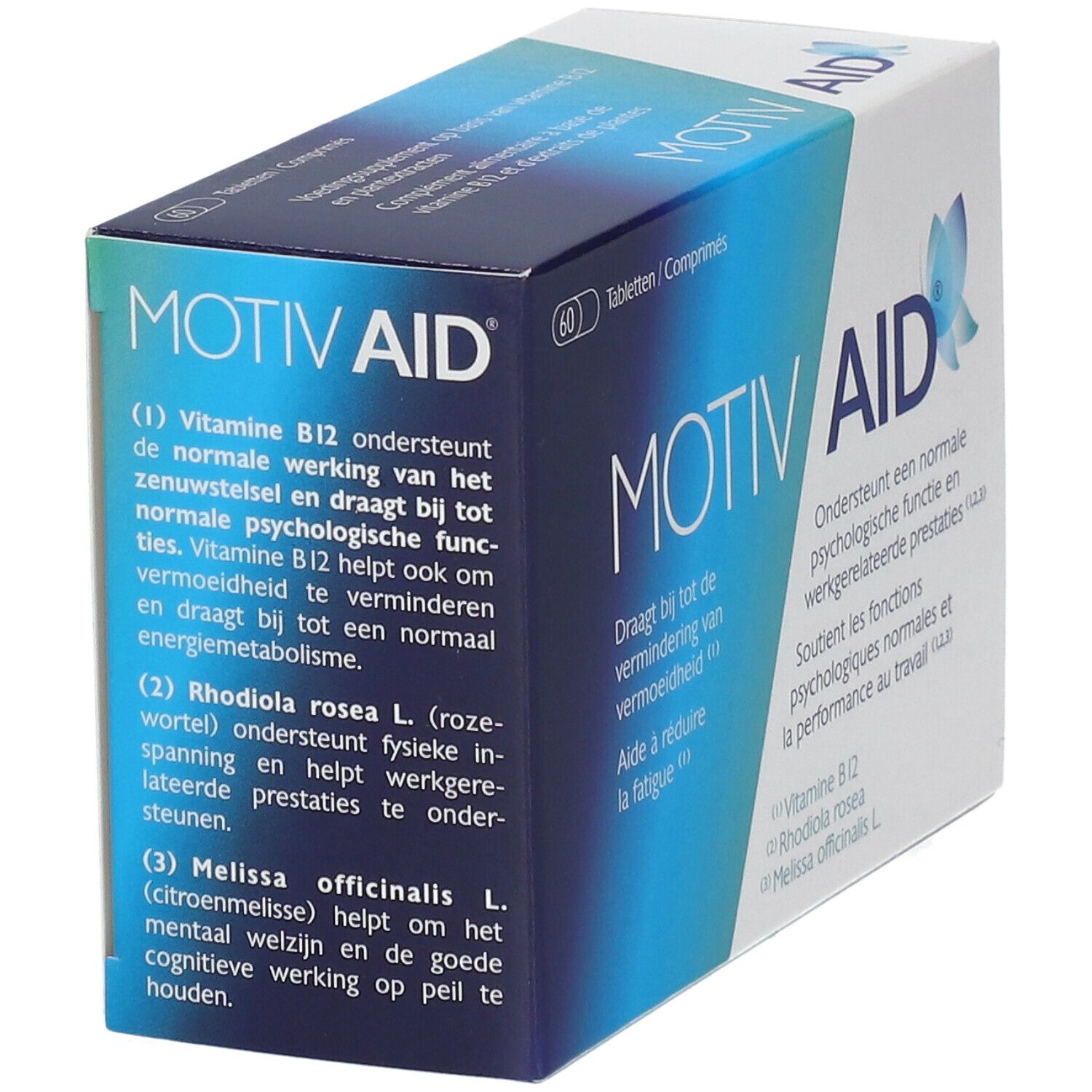 Boîte Motiv Aid, bleu et blanc. Contient des informations sur les ingrédients et leurs effets. Texte : Motiv Aid, soutient les fonctions psychologiques.