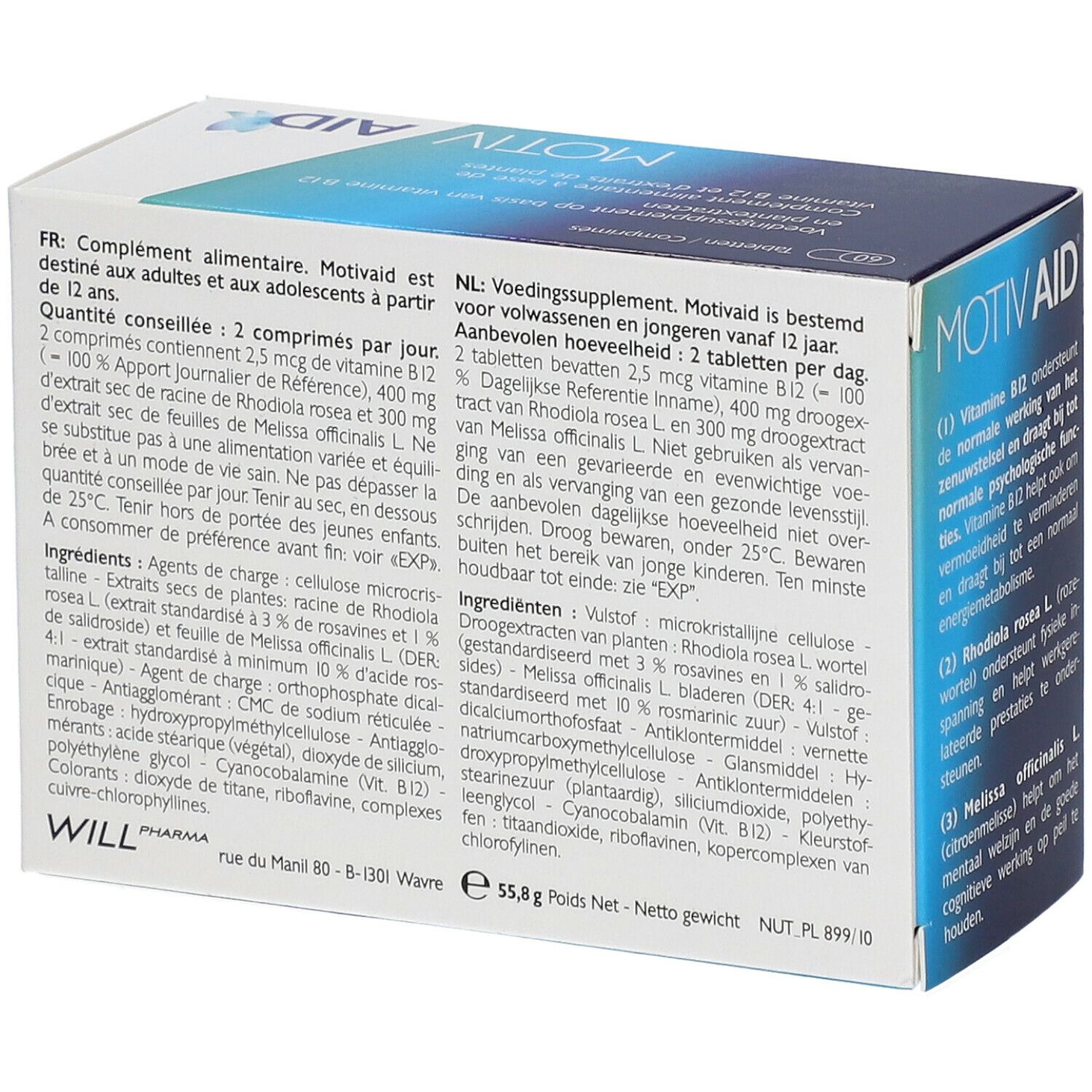 Dos de la boîte Motiv Aid. Contient des informations sur les ingrédients et le dosage. Texte : Motiv Aid, complément alimentaire.