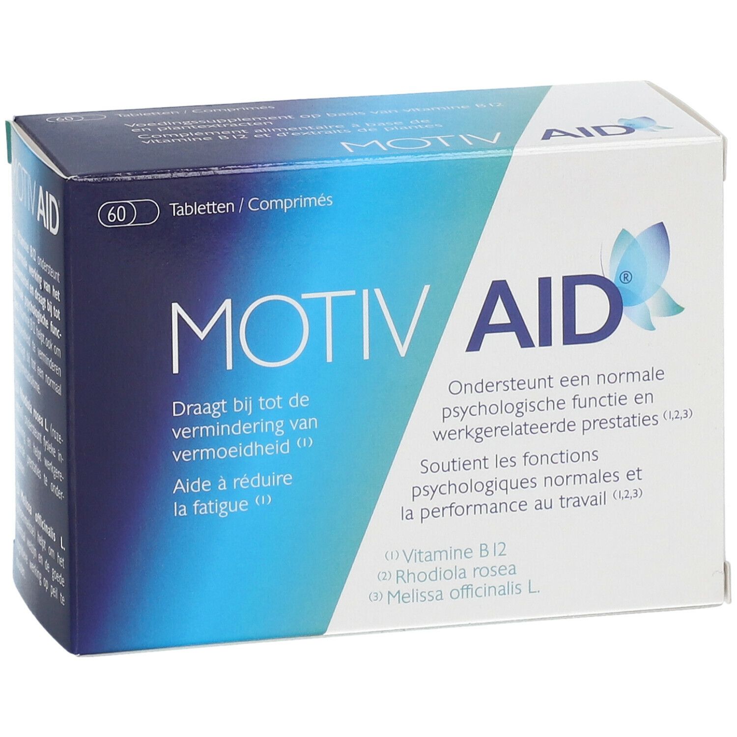 Boîte Motiv Aid, bleu et blanc. Contient 60 comprimés. Texte : Motiv Aid, soutient les fonctions psychologiques et la performance au travail.