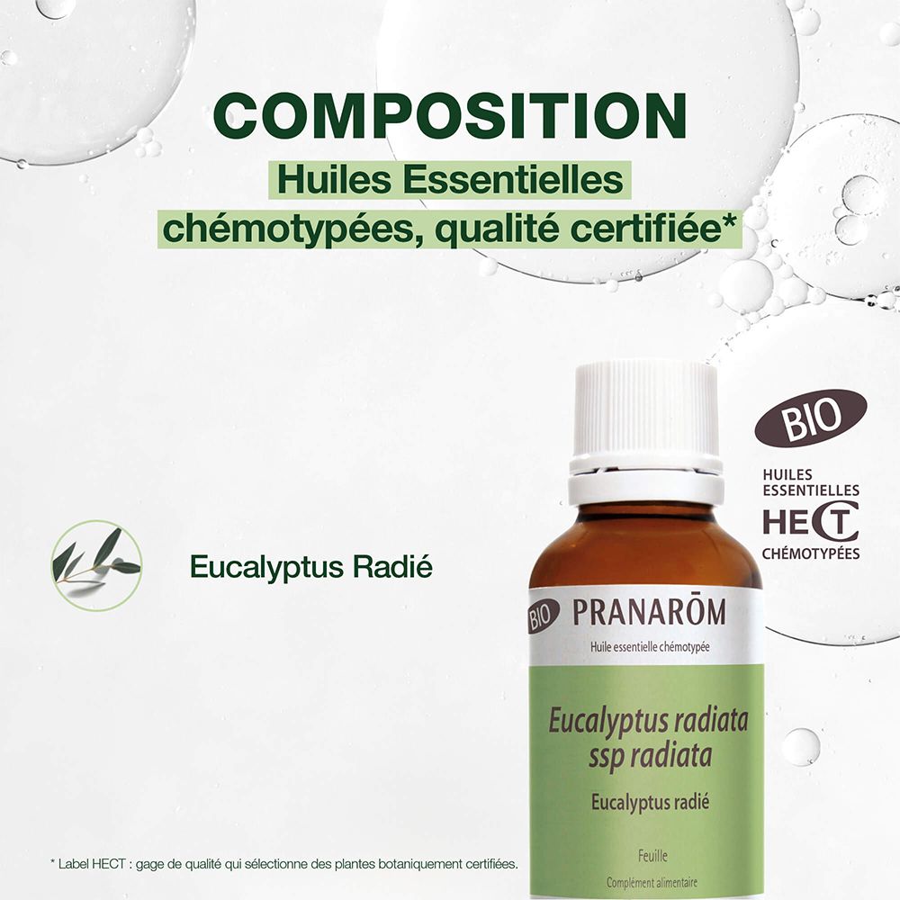 Braune Flasche mit weißem Deckel. Text: Eucalyptus radiata, Pranarôm. HECT-Qualitätszeichen.