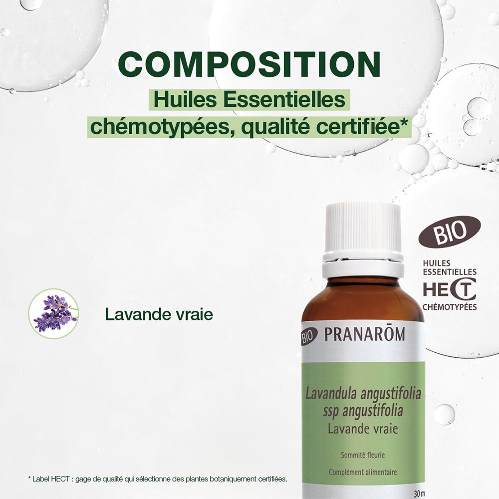 Lavendelöl-Flasche mit Text. BIO-Zertifizierung. Text: Huiles Essentielles chémotypées, Lavande vraie.