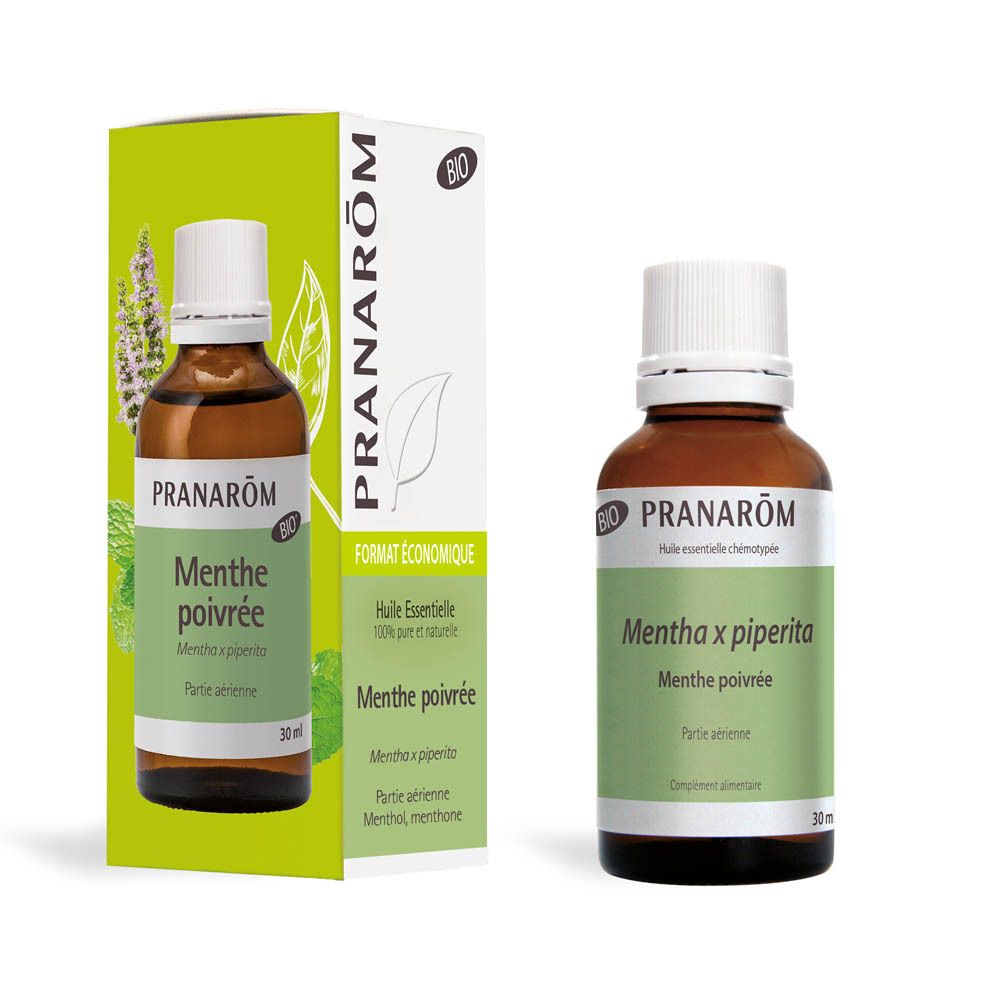 Produktflasche und Verpackung. Marke Pranarôm. Produkt: Pfefferminze. BIO-Zertifizierung. Format économique.