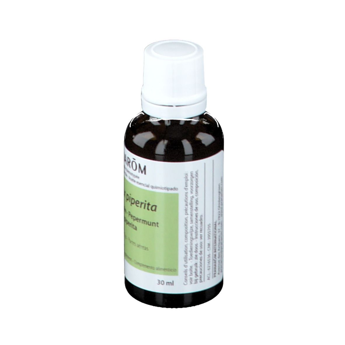 Flacon en verre brun avec bouchon blanc. Étiquette avec nom du produit et ingrédients. 30 ml.