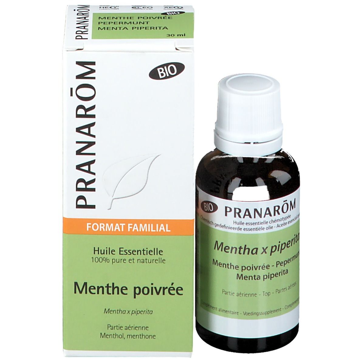 Flacon de produit à côté de l'emballage. Emballage avec nom du produit, certification BIO et ingrédients.