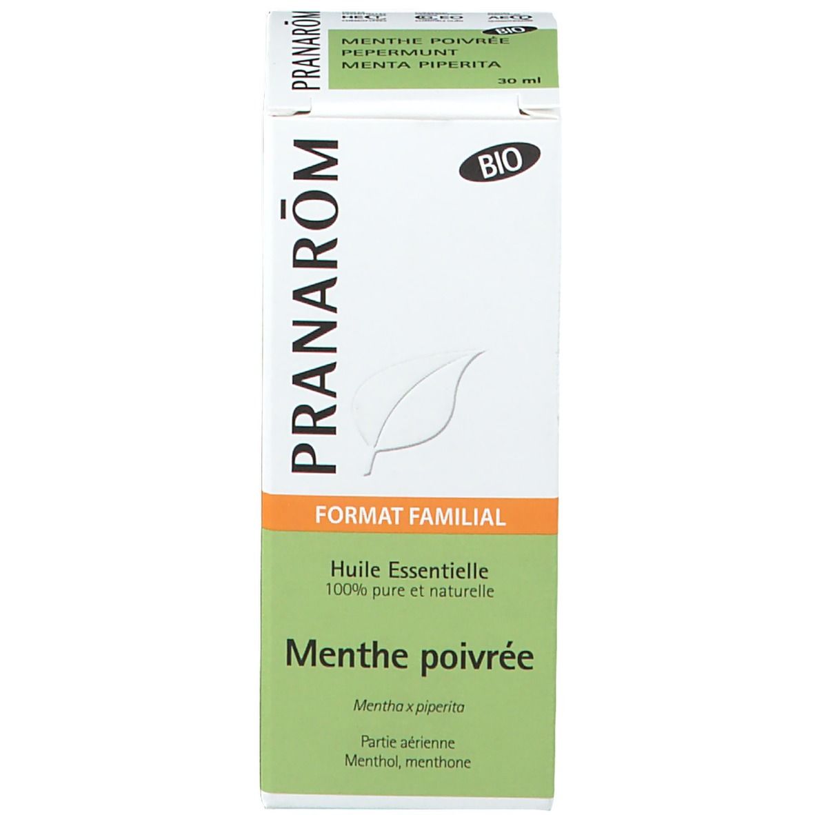 Emballage avec nom du produit, certification BIO et ingrédients. Blanc avec accents verts.