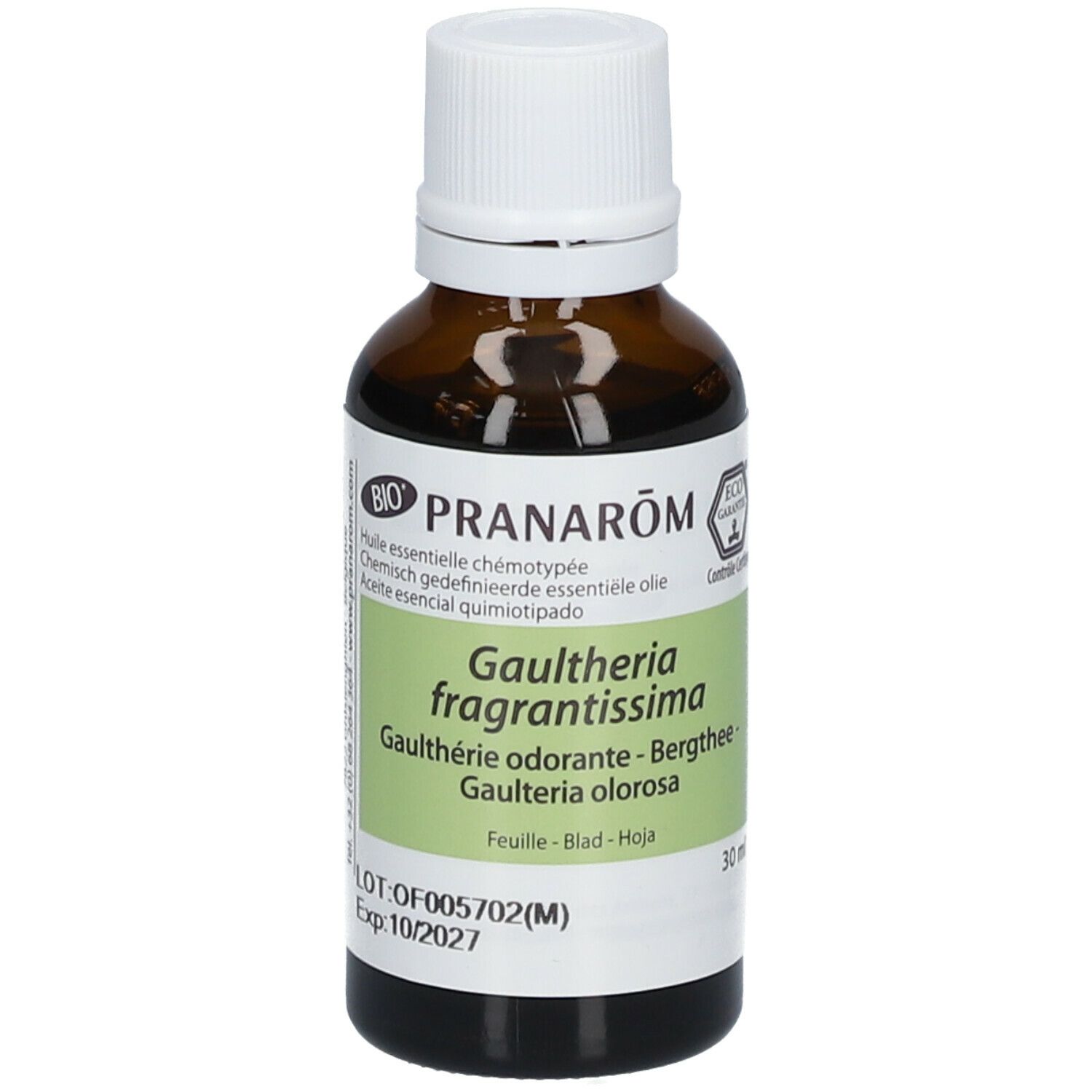 Flacon en verre brun avec bouchon blanc. Étiquette avec nom du produit et certification. Pranarom Bio-Süßgultherie.