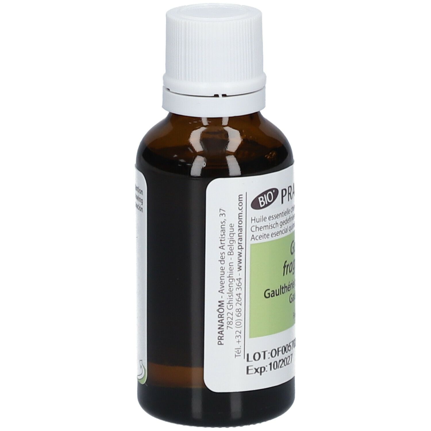 Flacon en verre brun avec bouchon blanc. Étiquette avec informations sur le produit et adresse. Pranarom Bio-Süßgultherie.