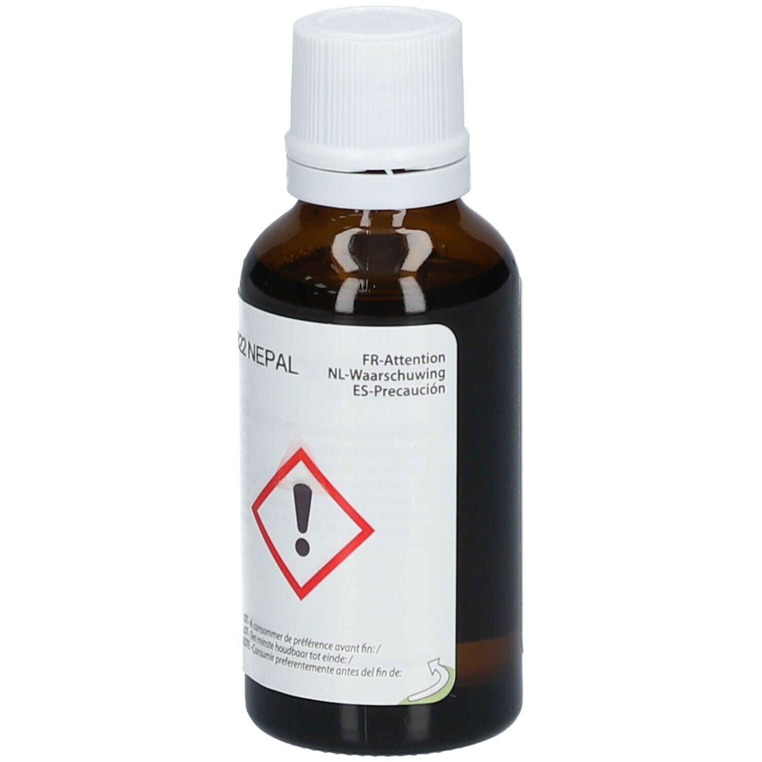 Flacon en verre brun avec bouchon blanc. Étiquette d'avertissement. Pranarom Bio-Süßgultherie.