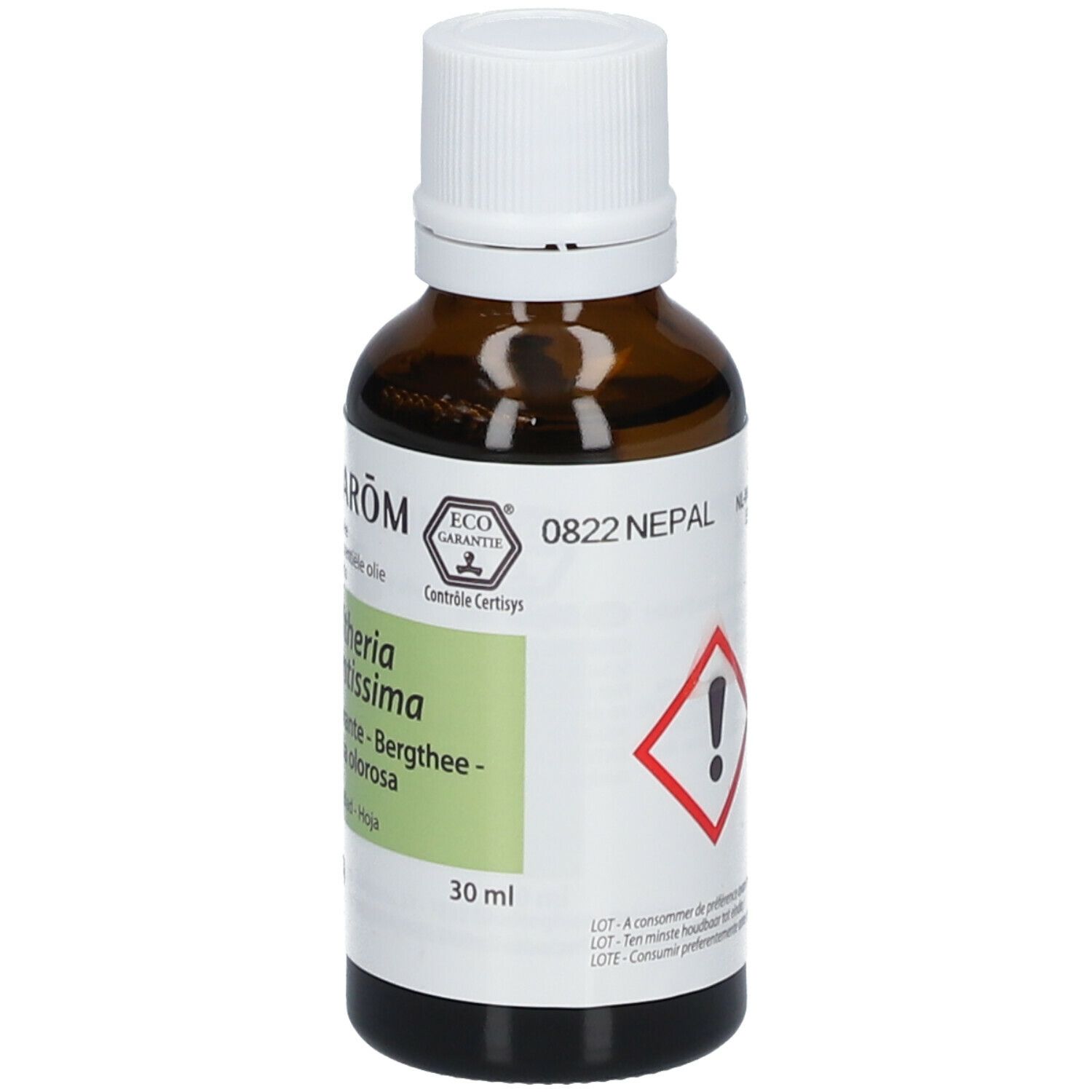 Flacon en verre brun avec bouchon blanc. Étiquette avec nom du produit et certification. Pranarom Bio-Süßgultherie.
