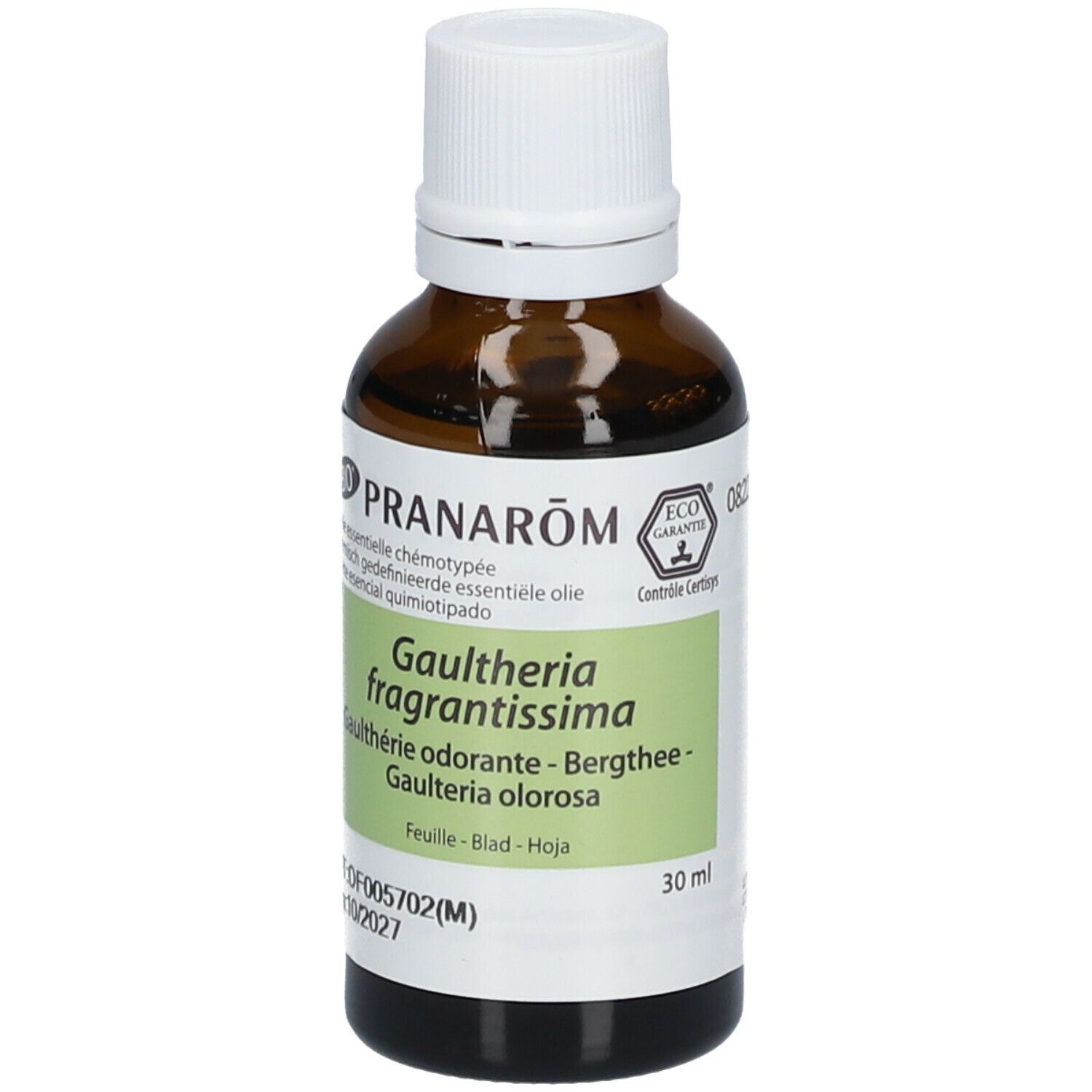 Flacon en verre brun avec bouchon blanc. Étiquette avec nom du produit et certification. Pranarom Bio-Süßgultherie.