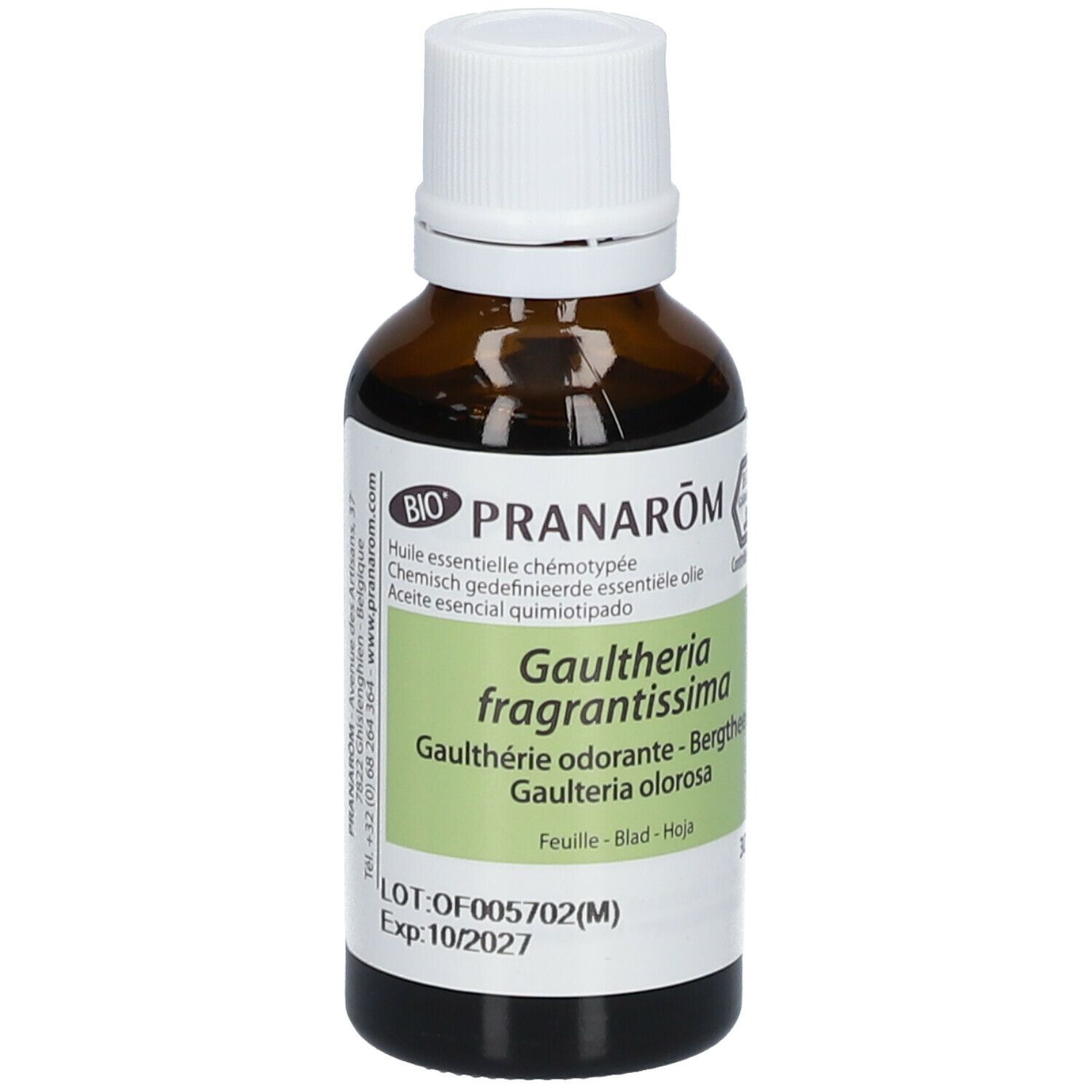 Flacon en verre brun avec bouchon blanc. Étiquette avec nom du produit et certification. Pranarom Bio-Süßgultherie.