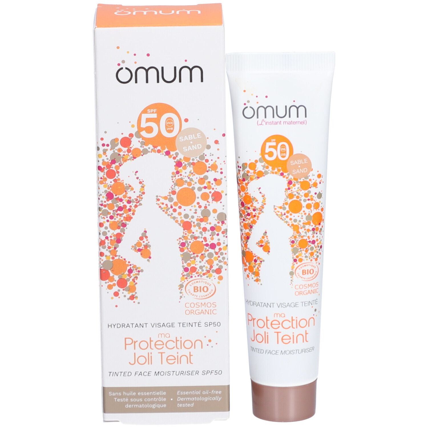 Emballage du produit. Tube et boîte. Inscription: marque, nom du produit, SPF 50, silhouette féminine, label bio.