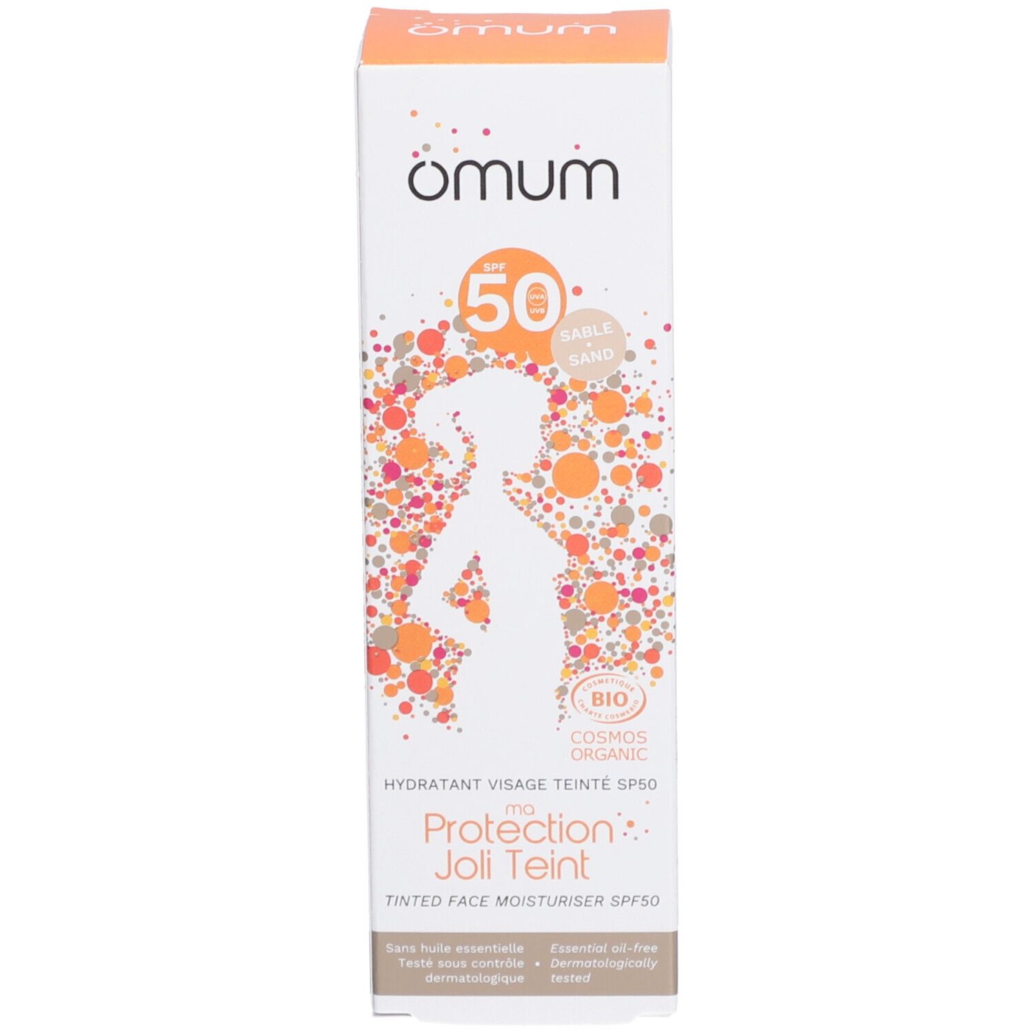 Emballage carton. Inscription: marque, nom du produit, SPF 50, silhouette féminine, label bio. Couleurs orange et blanc.