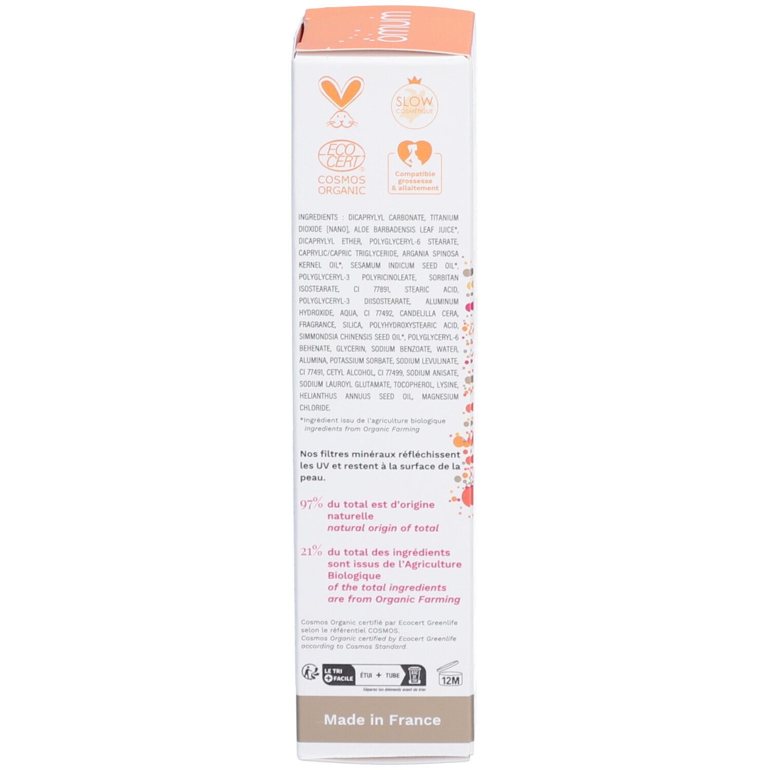 Côté de l'emballage carton. Liste des ingrédients. Logos et certifications. Fabriqué en France.