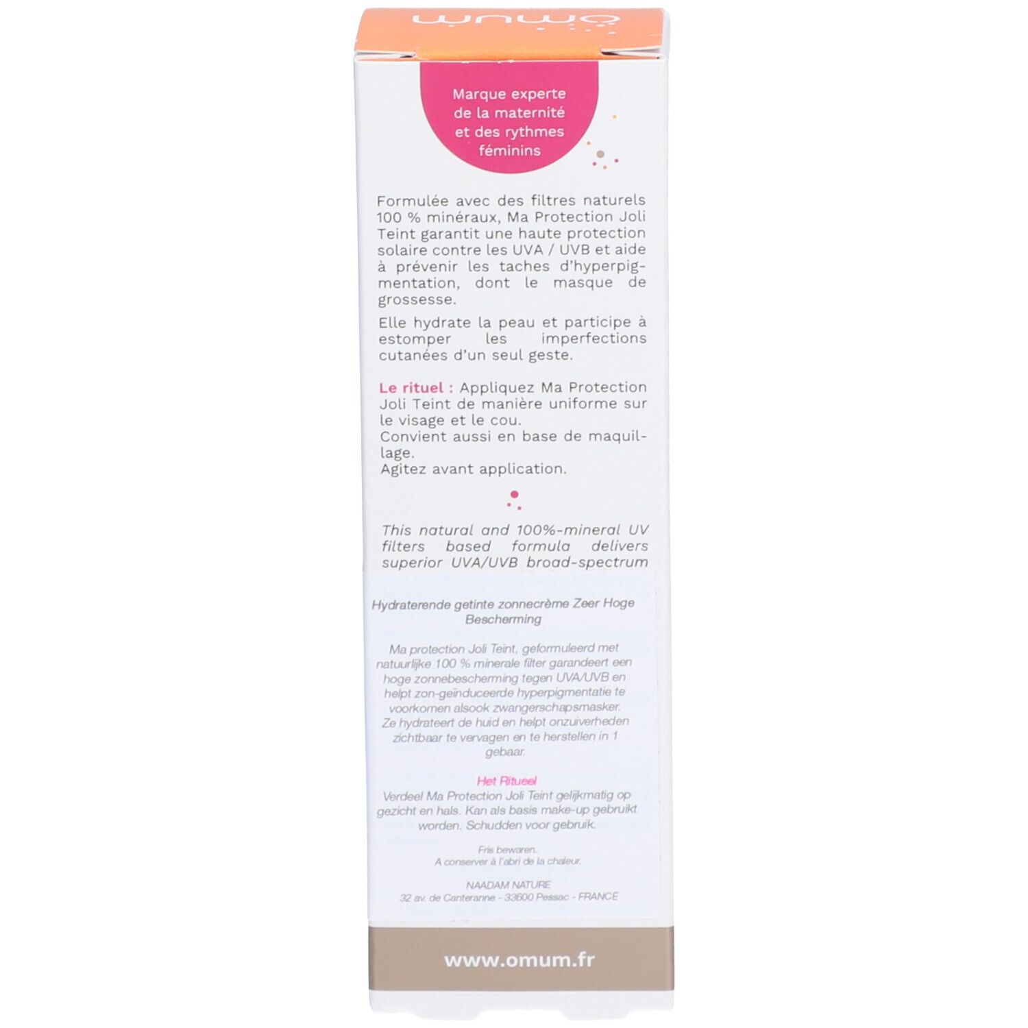 Côté de l'emballage carton. Texte multilingue. Informations sur l'utilisation et les avantages.