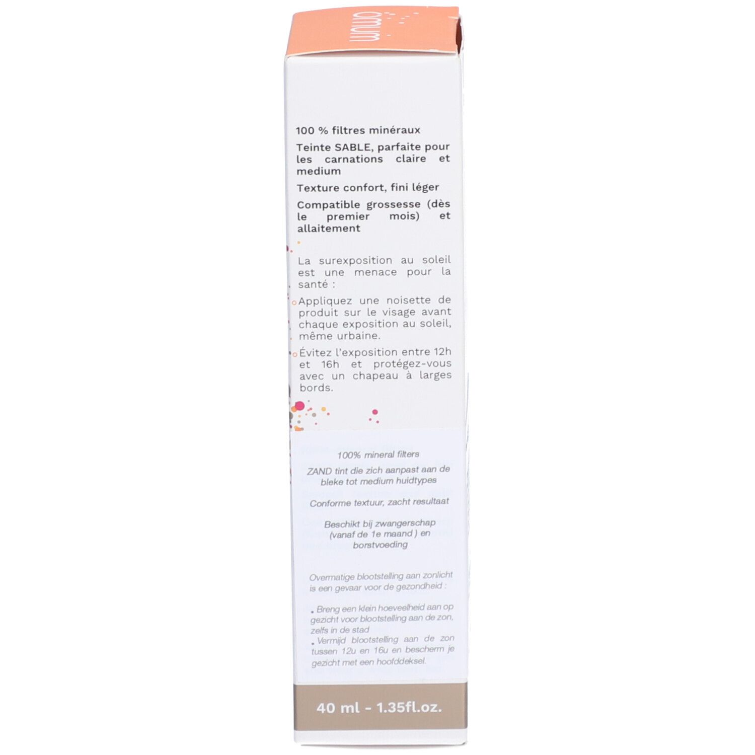 Côté de l'emballage carton. Texte multilingue. Informations sur l'utilisation et les ingrédients. 40 ml.