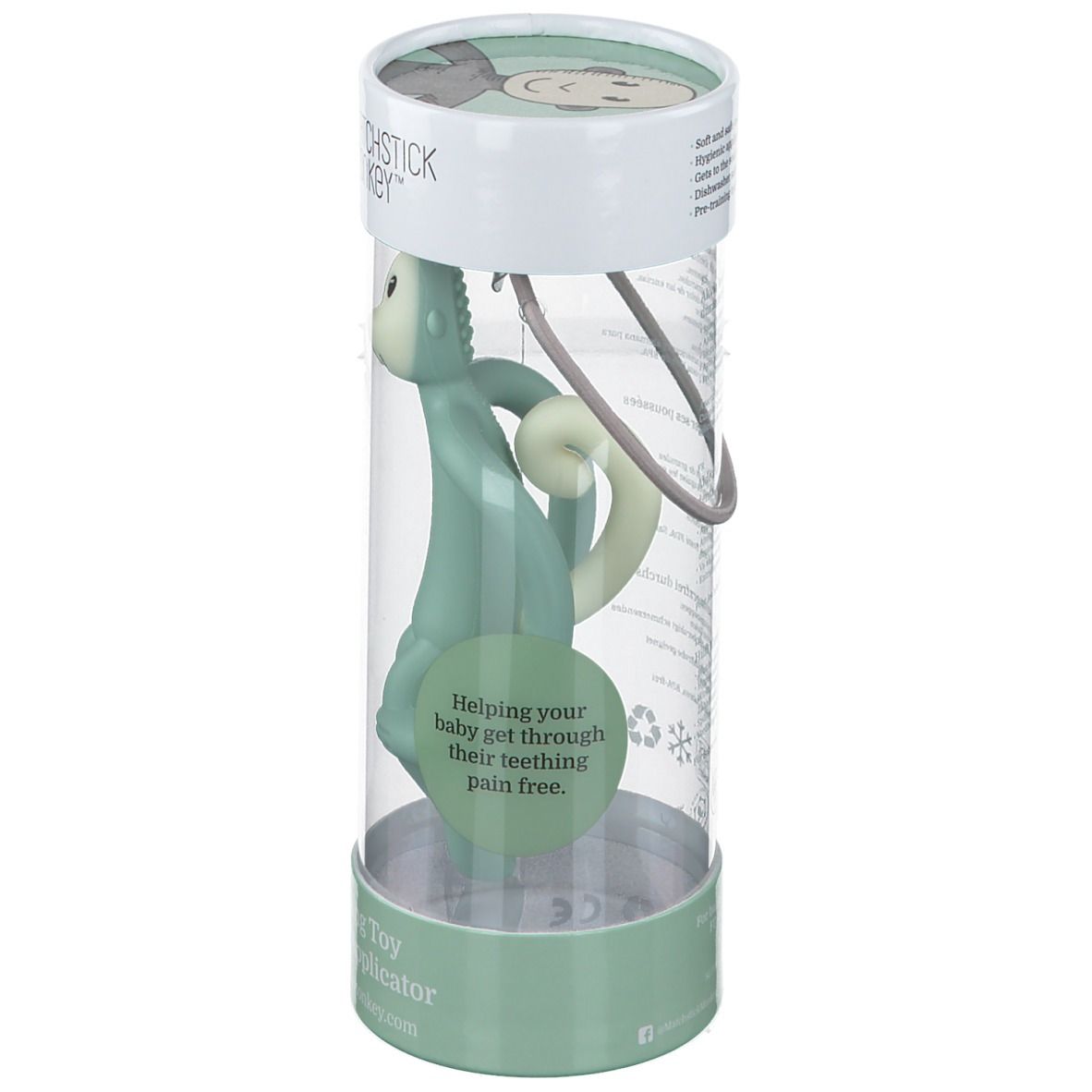 Anneau de dentition vert en cylindre. Emballage avec poignée. Inscription: MATCHSTICK MONKEY, Helping your baby get through their teething pain free.