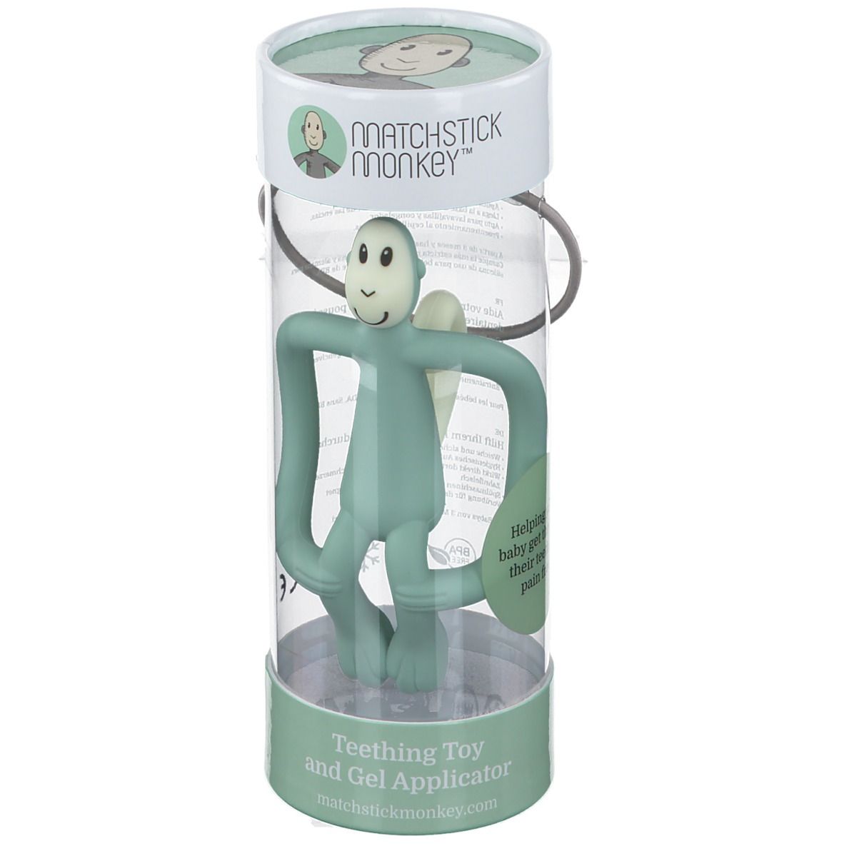 Anneau de dentition vert en cylindre. Emballage avec poignée. Inscription: MATCHSTICK MONKEY, Teething Toy and Gel Applicator.