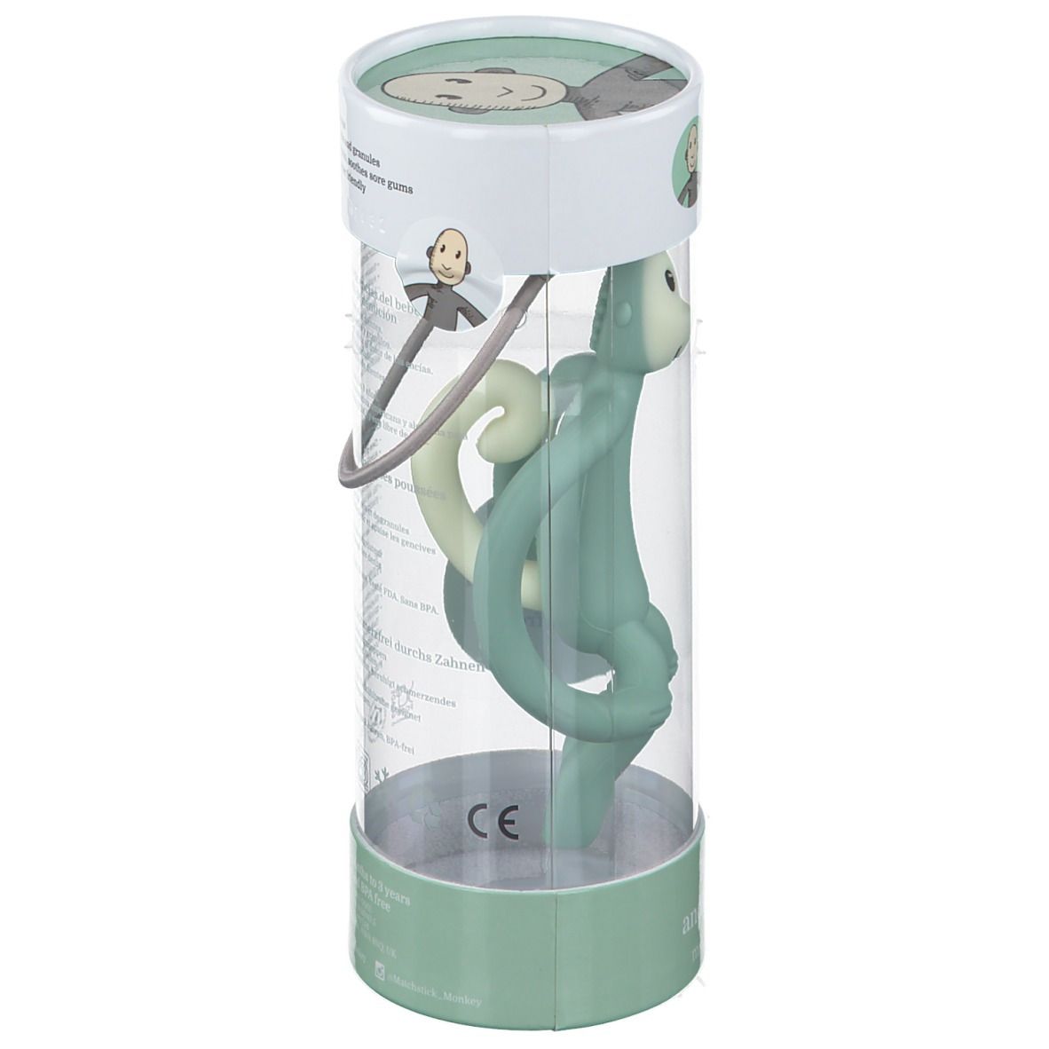 Anneau de dentition vert en cylindre. Emballage avec poignée. Inscription: MATCHSTICK MONKEY, Marque CE.