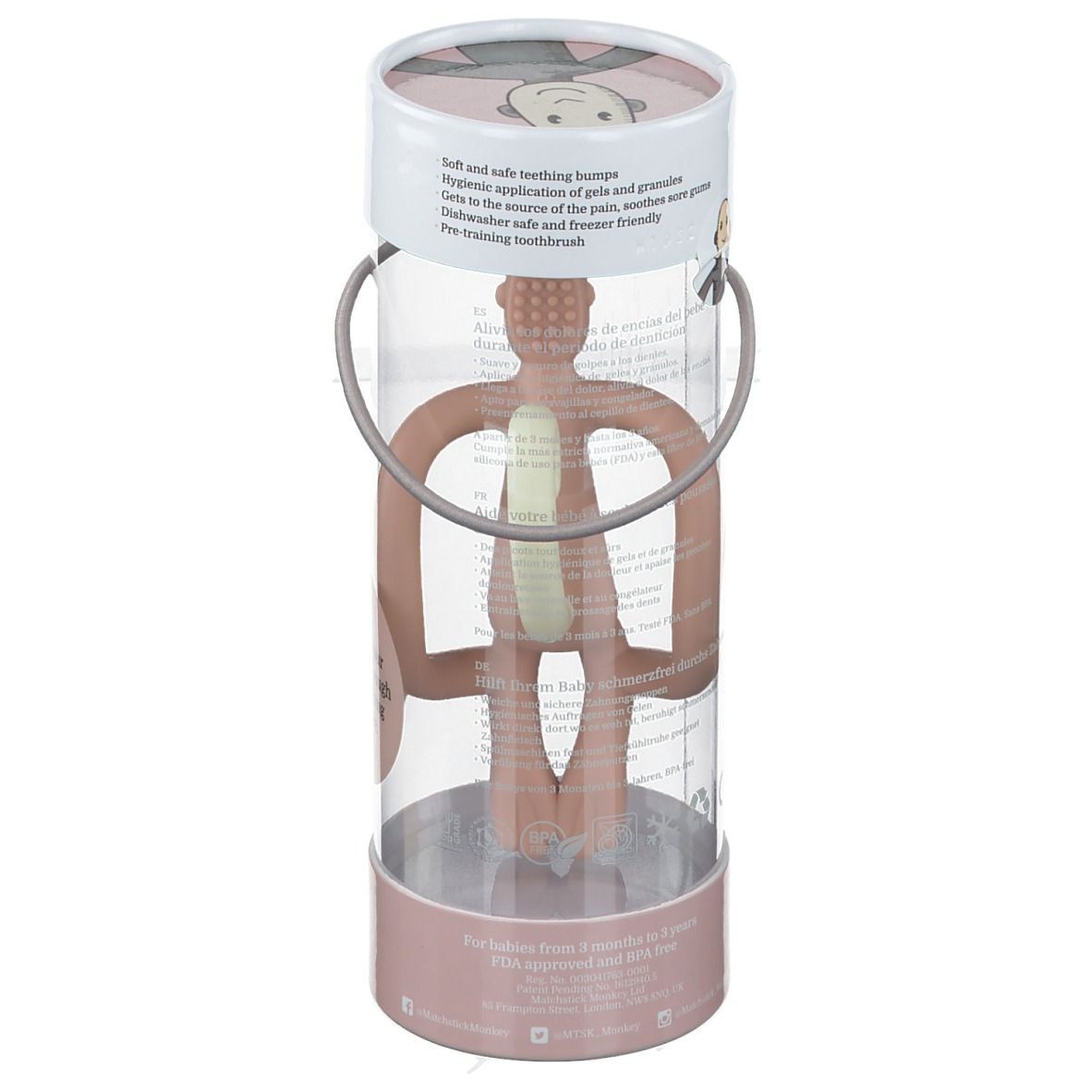 Rosa Affenzahnring in transparenter Verpackung. Der Ring hat die Form eines Affen. Auf der Verpackung steht "Matchstick Monkey".