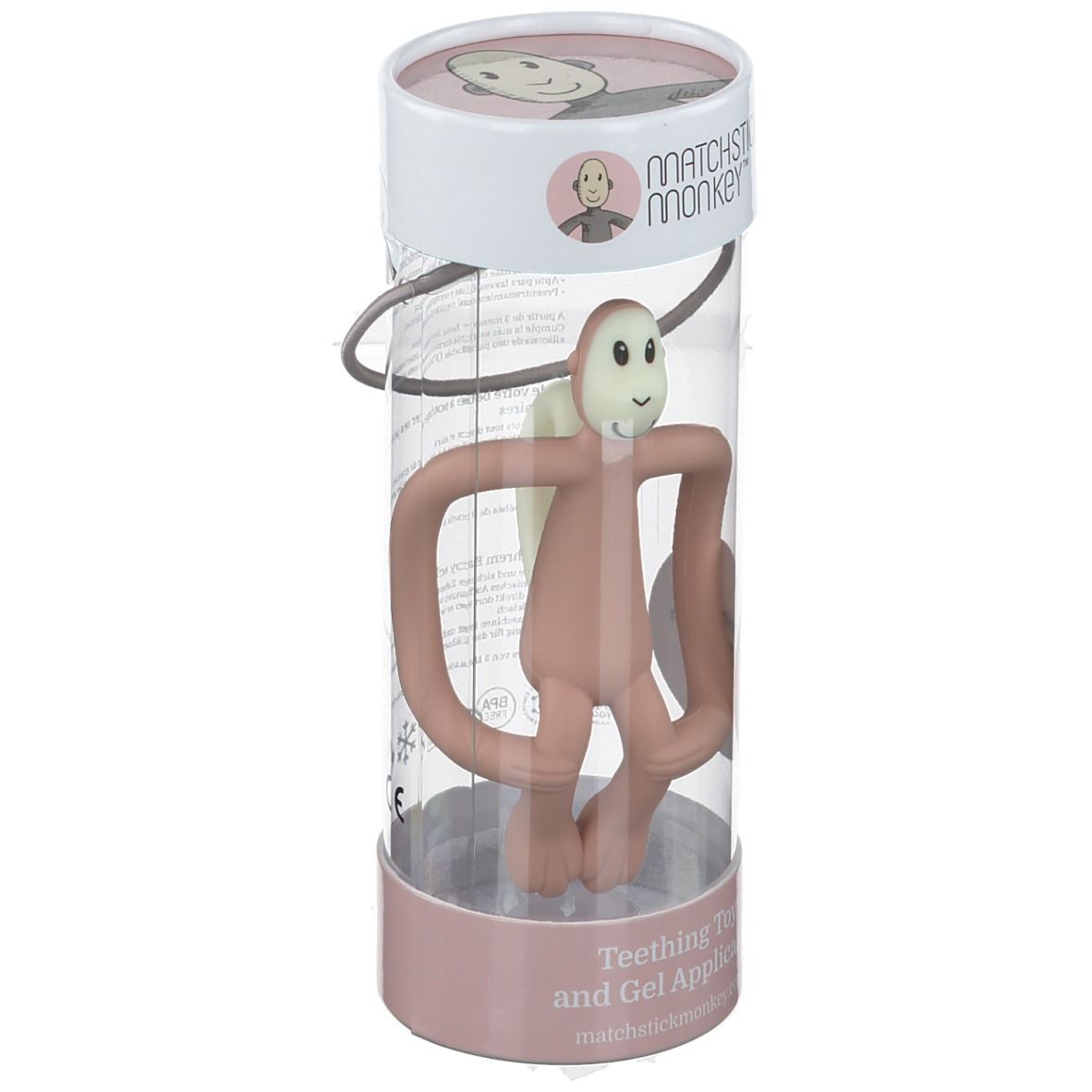 Rosa Affenzahnring in transparenter Verpackung. Der Ring hat die Form eines Affen. Auf der Verpackung steht "Matchstick Monkey".