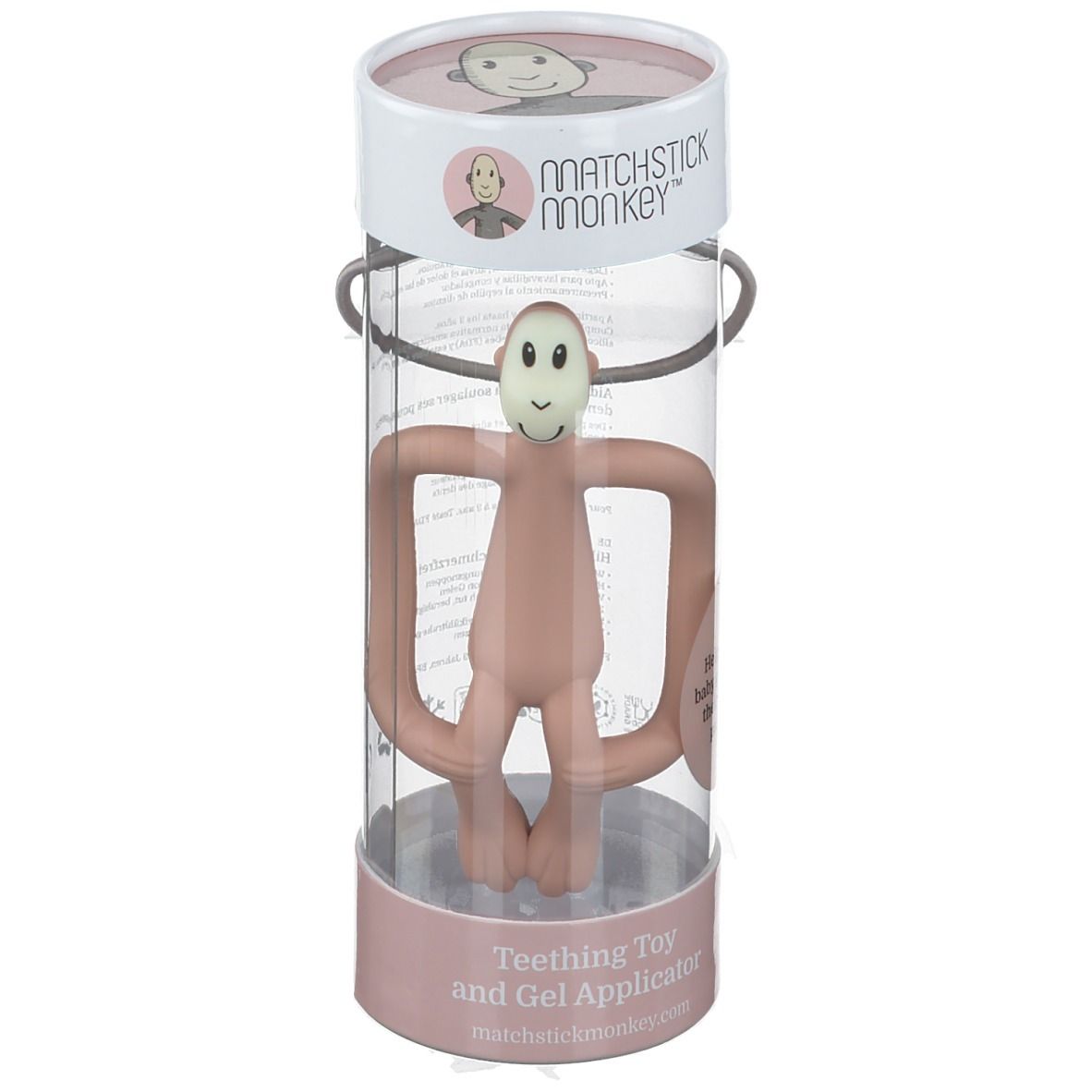 Rosa Affenzahnring in transparenter Verpackung. Der Ring hat die Form eines Affen. Auf der Verpackung steht "Matchstick Monkey".