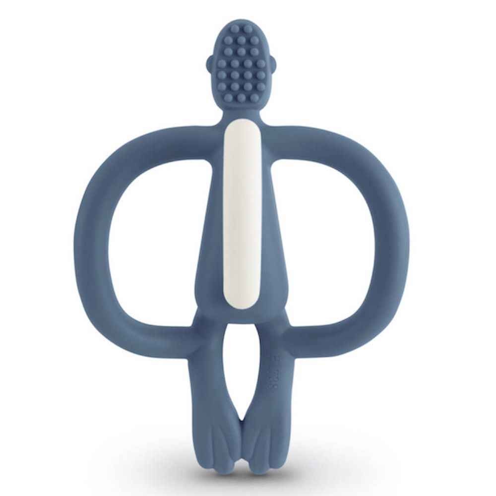 Anneau de dentition bleu clair en forme de singe. Dos avec picots. Bras et jambes en boucle.